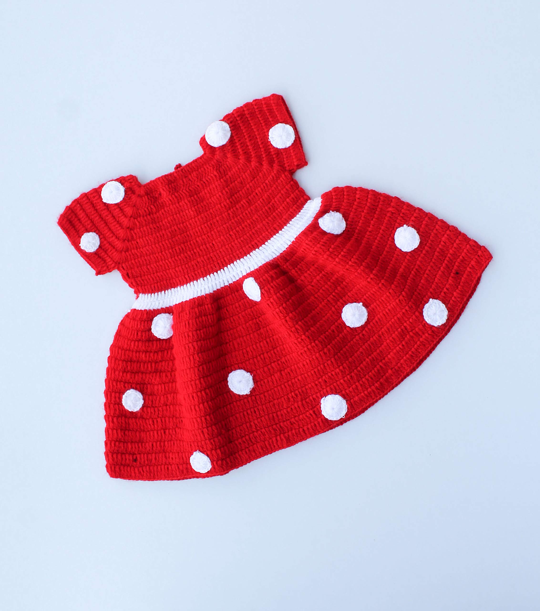 WOONIEHandmade Crochet Red Polka Pattern Woolen Infant Frock Cum Photoprop
