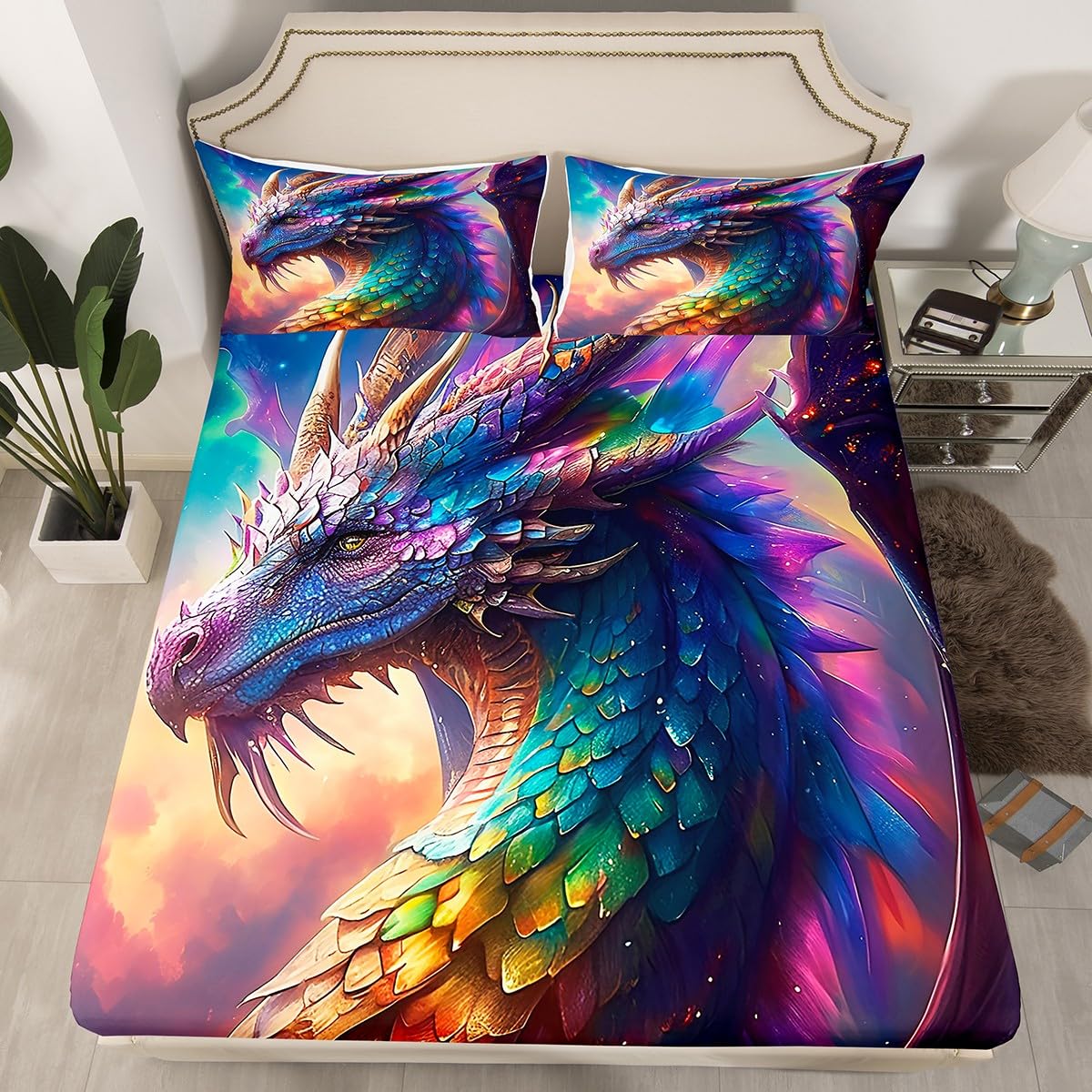 Dragon Bedding Set Twin Size Colorful Dragon Bed Set for Girls Teens Bedroom Decor Kids Rainbow Dragon Scales Fitted Sheet Soft Microfiber Cool Dragon Bed Cover(1 Fitted Sheet+1 Pillow Case)