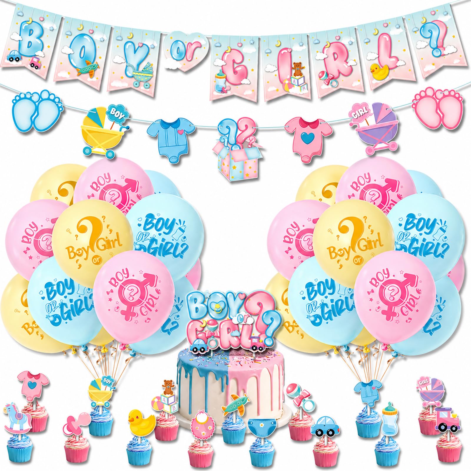 44-Piece Baby Gender Reveal Decorations, Gender Reveal Banner and Balloon Set, Boy or Girl Baby Reveal Decorations with Cake Forks and Ribbons for Party Photo Backdrop
