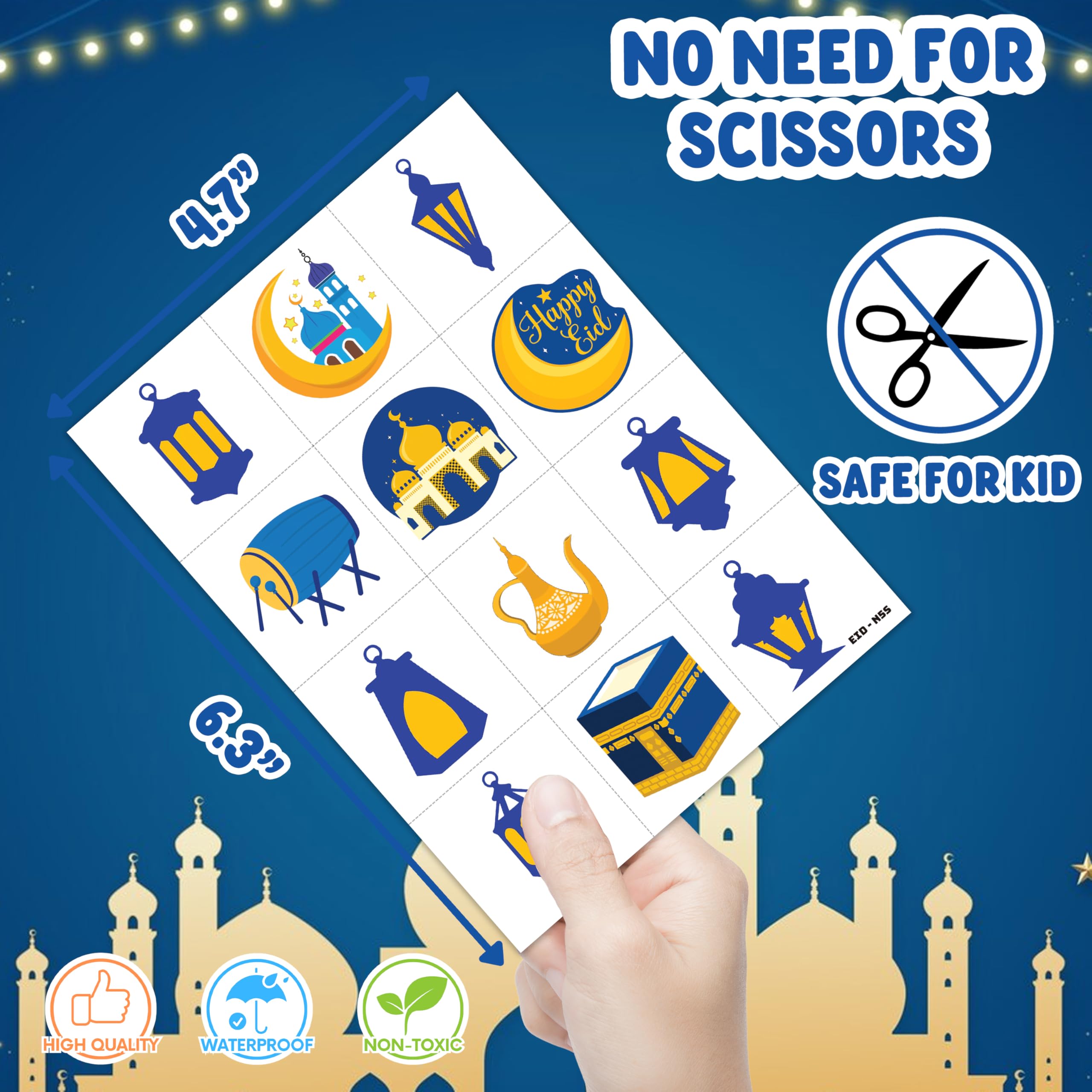 Cute Eid Mubarak Temporary Tattoos for Kids 60PCS 5 Sheets Ramadan Kareem Party Favors Birthday Decorations Classroom Prizes Holiday Gifts