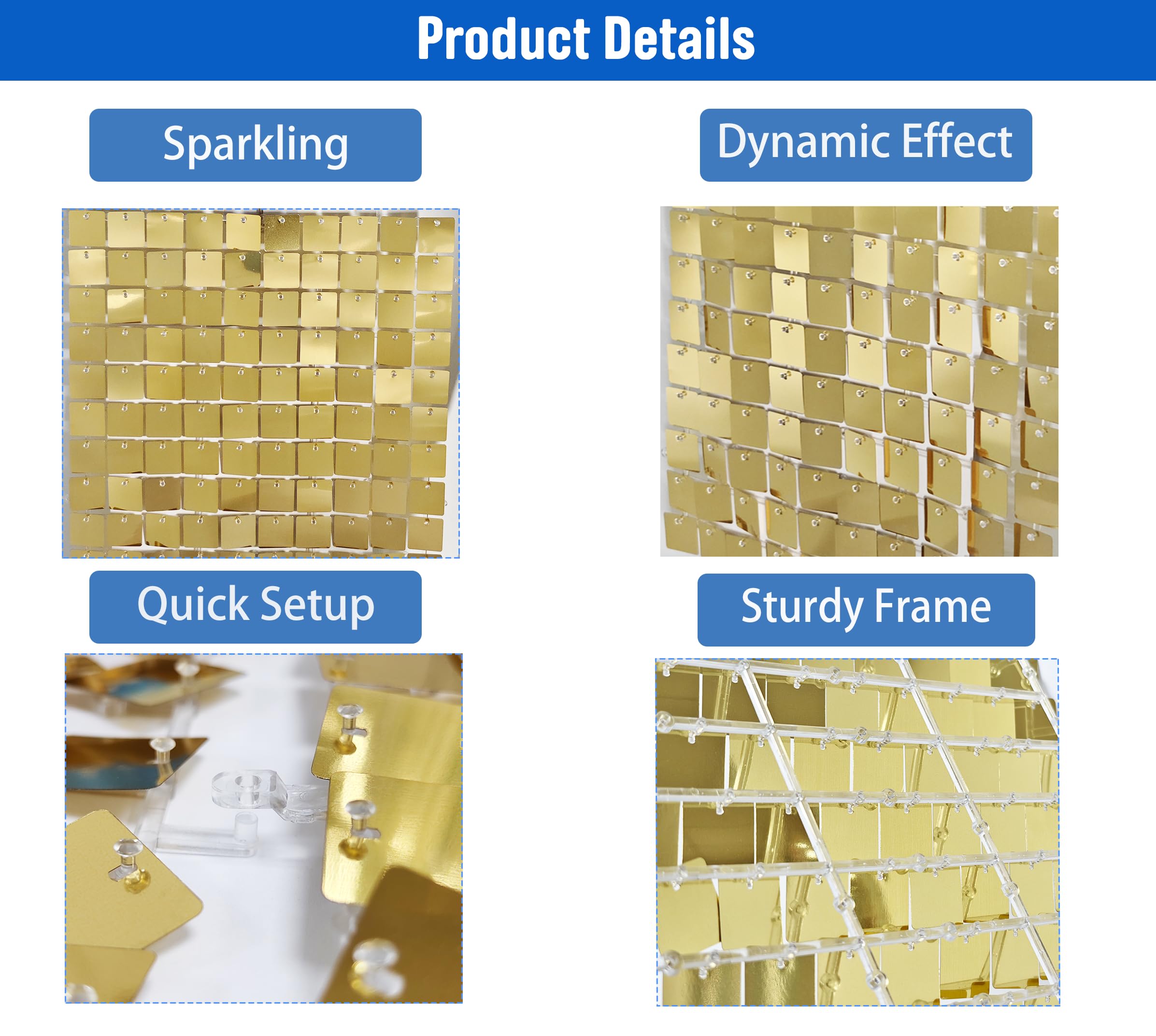 2,4 m x 1,8 m, sfondo da parete dorato chiaro brillante per decorazioni di compleanno, pannelli da parete dinamici quadrati con paillettes per matrimoni, lauree, discoteche, feste di fidanzamento