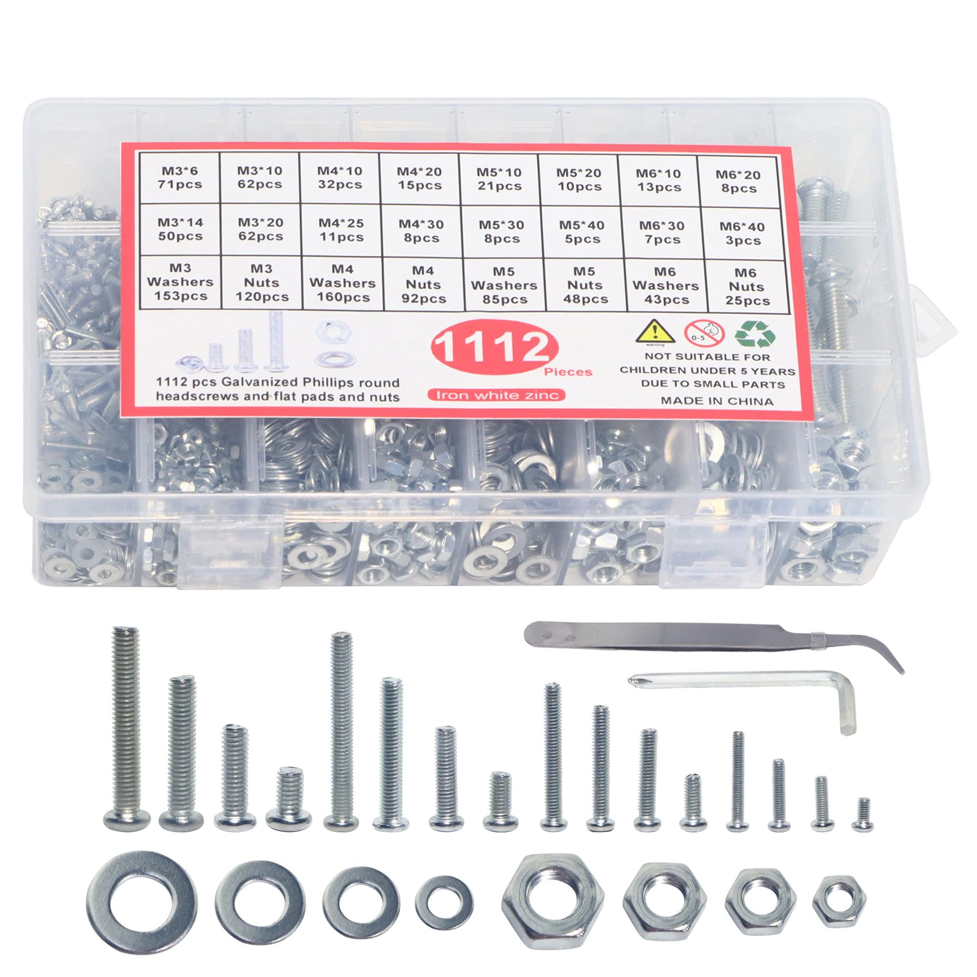 ONLISUM Screws Bolts and Nuts Assortment Kit 1112 Pcs M3/M4/M5/M6 Pan Head Phillips Machine Screws Nuts Washers Assortment Kit, Carbon Steel, Fully Threaded