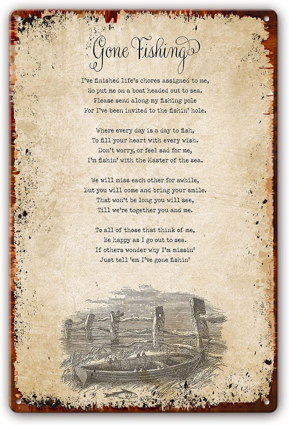 Gone Fishing Poem Wall Art Vintage Metal Poster Poetry Posters and Prints Artwork Decorations for Home Picture Gifts Vertical Paintings for Living Room Office 6x8 Inch