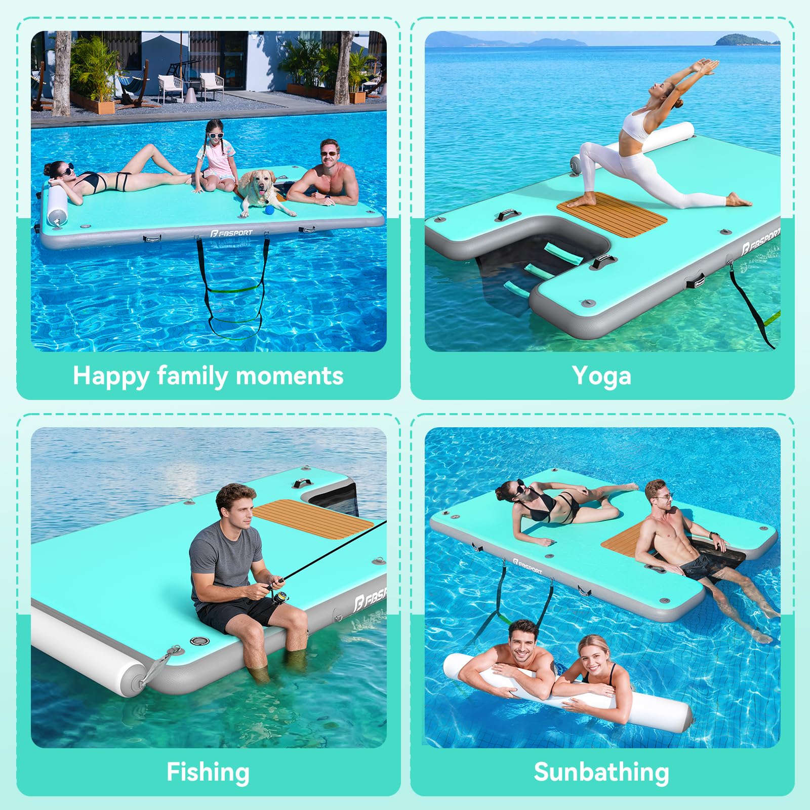 FBSPORT Aufblasbare Schwimmplattform mit Hunderampe, rutschfeste Luft-Schwimmplattform mit Wasserleiter und Kopfstütze, Aufblasbare Wasserinsel für Pool, See, Strand und Meer