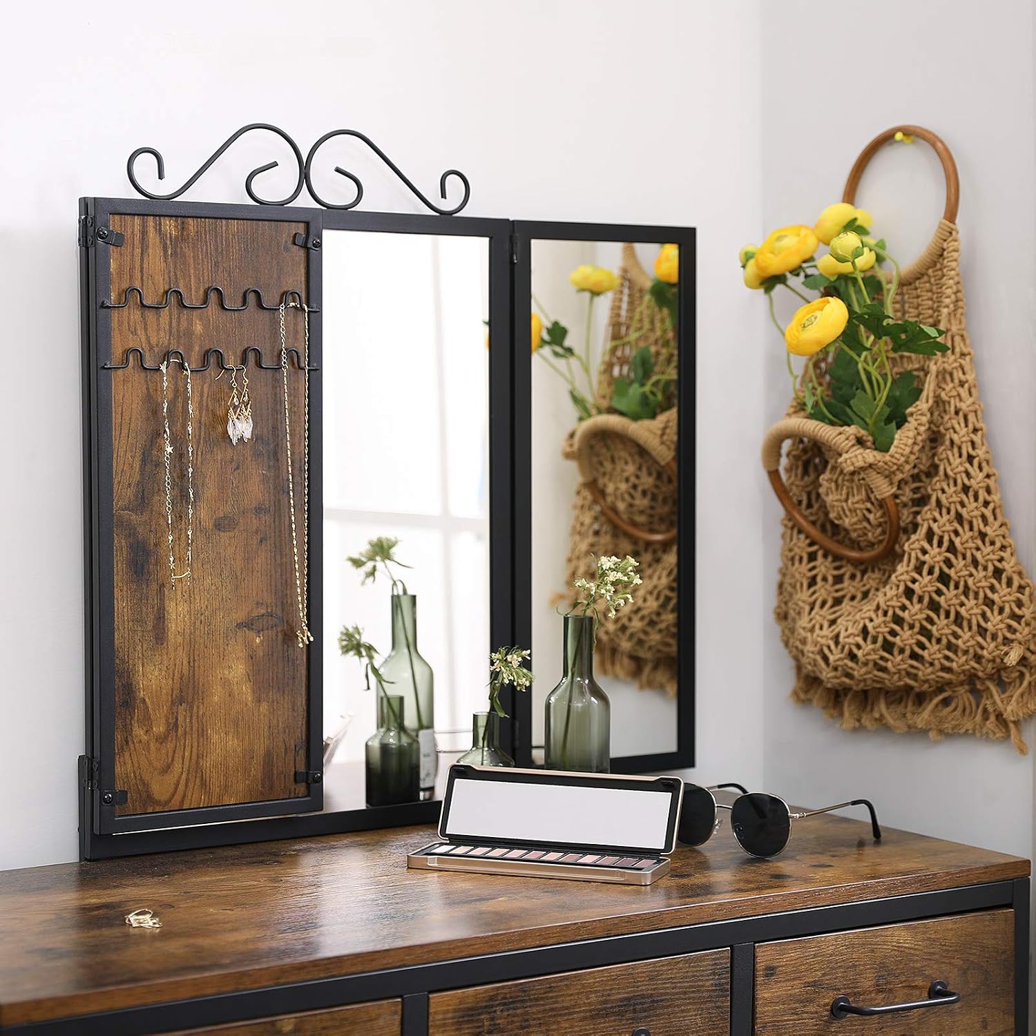 VASAGLE Vanity Table Set, Dressing Table with Stool, Tri-Fold Mirror, 3 Drawers, Makeup Table with Steel Frame, Rustic Brown and Black URVT02BX