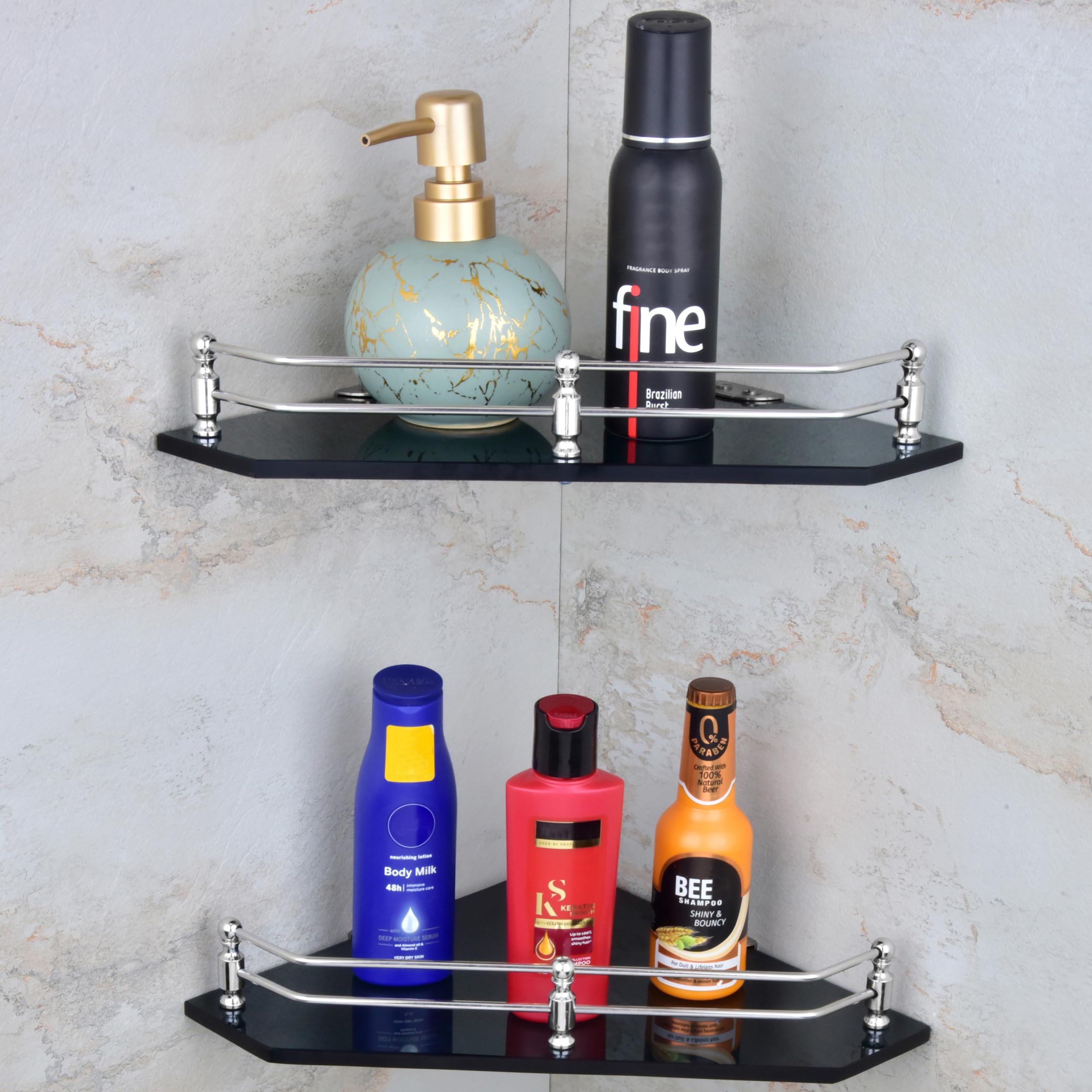 MOTIQO Diamond Black Glass Corner Shelf for Bathroom, Bathroom Shelf for Wall, Racks and Shelves, Kitchen Corner Shelf, Bathroom Organiser and Accessories (9x9 Inches,Set-2) (B0BRZL3Q4N) Amazon Price History, Amazon Price Tracker