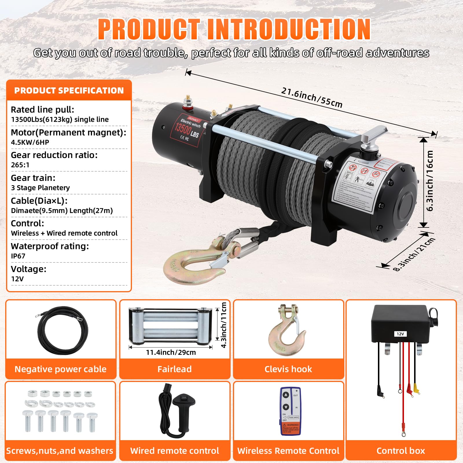 Cabrestante eléctrico 12 V – 6123 kg (13500 lbs), cable sintético de 12 hilos, guía de cable de aluminio, mando a distancia inalámbrico y con cable, IP55, para todoterreno, Jeep y barco