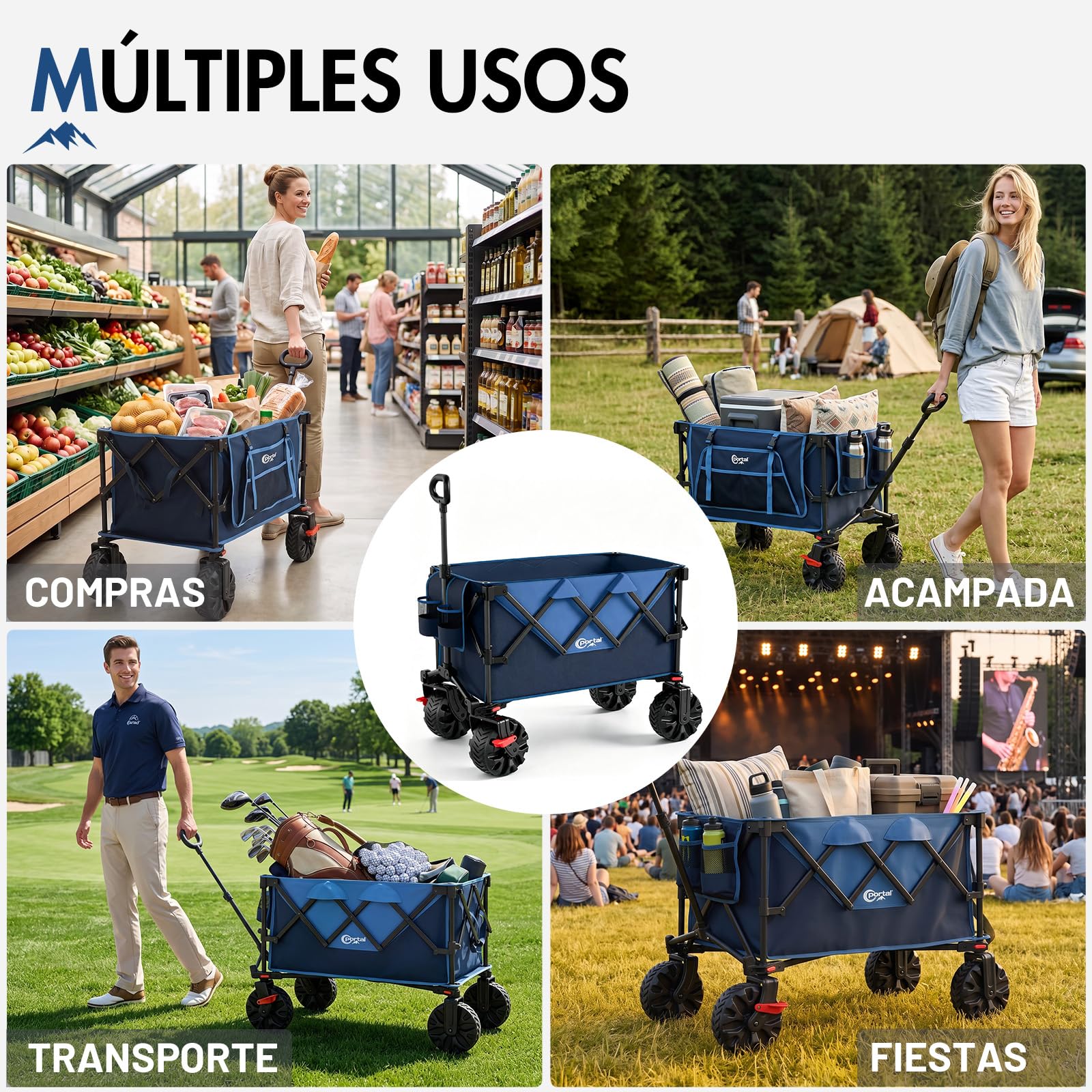 Portal Carro plegable de 250 l, 150 kg, con neumáticos | Carro de mano con soporte para bebidas, carro plegable para jardín, camping, festival