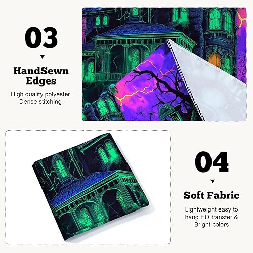 Miniatura 3 de BVBOX Tapiz de Halloween con luz negra, reactivo a los rayos UV, que brilla en la oscuridad, para sala de estar, dormitorio (castillo verde, 90 x 70