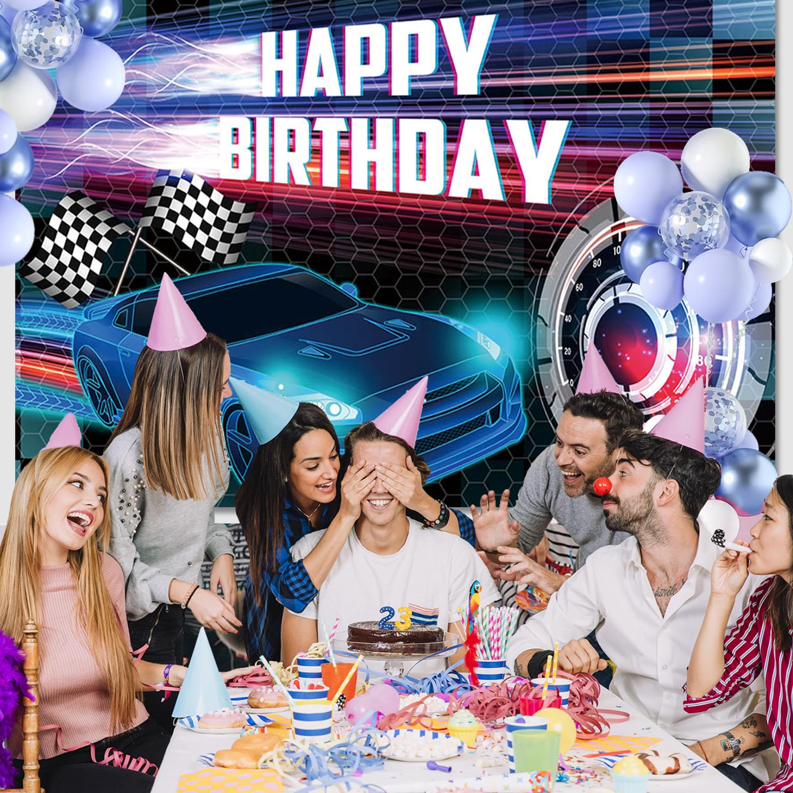 Vintage raceauto verjaardagsdecoraties - Happy Birthday-banner, raceauto slinger, retro raceauto verjaardagsdecoraties pastel, Let's Go Racing verjaardagsfeestdecoraties voor jongens
