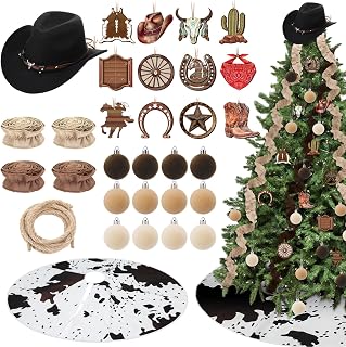 Syhood 31 Pcs Western Cowboy Christmas Tree Decor Set Velvet Christmas Ball Rustic Cowboy Hat Rope Cowhide Print Xmas Tree Skirt Wooden Ornament Vintage Burlap Ribbon for Xmas Holiday Party Home Decor
