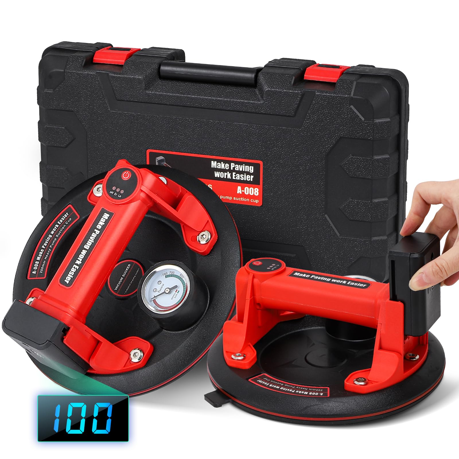 Antstone 8" Electric Vacuum Suction Cup Lifter 2 Pack Heavy Duty Electric Glass Suction Cups with 440lbs Load, Pressure Monitor, Auto Start Pump to