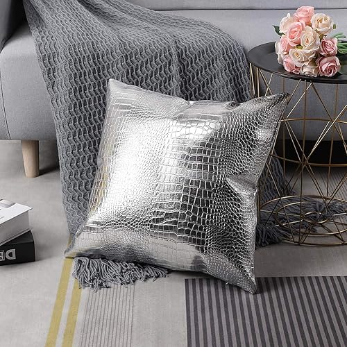 Miniatura 7 de Artscope Fundas de almohada para sofá, decoración del hogar, cocodrilo teñido liso, piel sintética, ambos lados, 16 x 16 pulgadas, 15.7 x 15.7 in