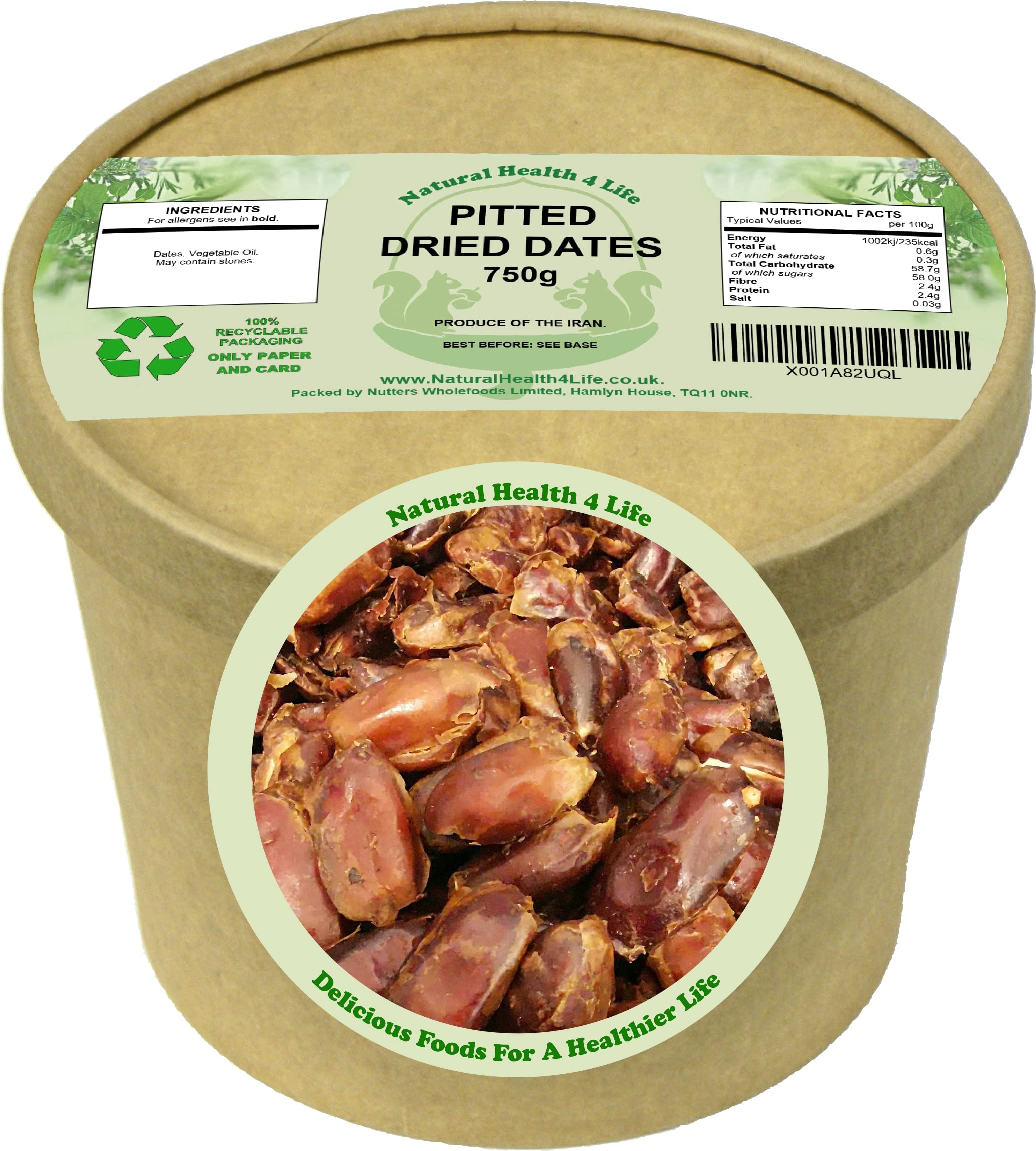 Natural Health 4 Life Sayer Pitted Dates 750g – Dried Dates with No Added Sugar or Preservatives – Eco-Friendly Kraft Tub – Low Fat & Gluten Free – Produce of Iran (1 Tub)