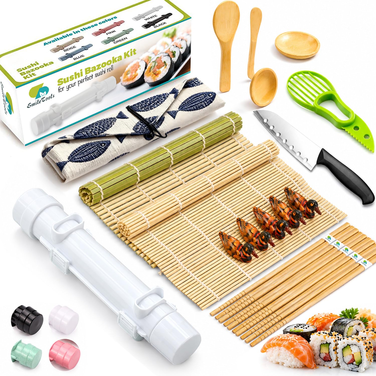 SmileTools Sushi Making Kit, 22-in-1 Sushi Roller Kit with Bamboo Sushi Rolling Mat, Sushi Bazooka, Avocado Knife, Sushi Knife, Chopsticks, Sauce Dishes, Rice Spreader &amp; More DIY Sushi Party Gift