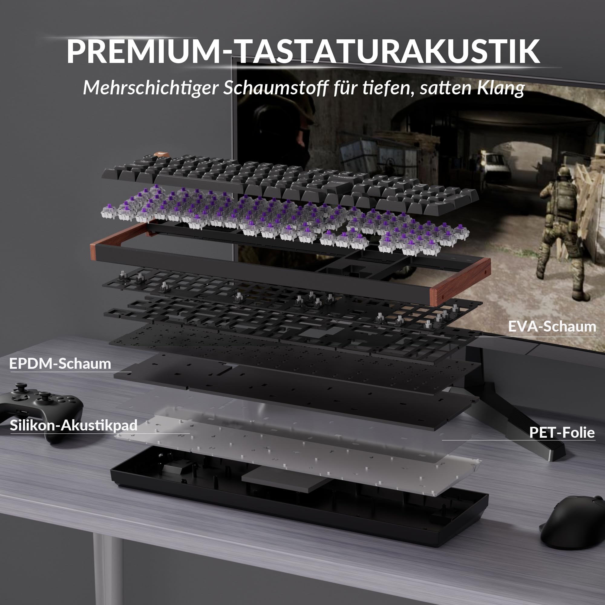 Keychron K10 HE kabellose Gaming-Tastatur, ISO-DE-Layout, Gateron Nebula Dual-Rail-Magnetschalter, programmierbar, Aluminium- und Holzrahmen, für Mac und Windows – Sonderedition (Schwarz)