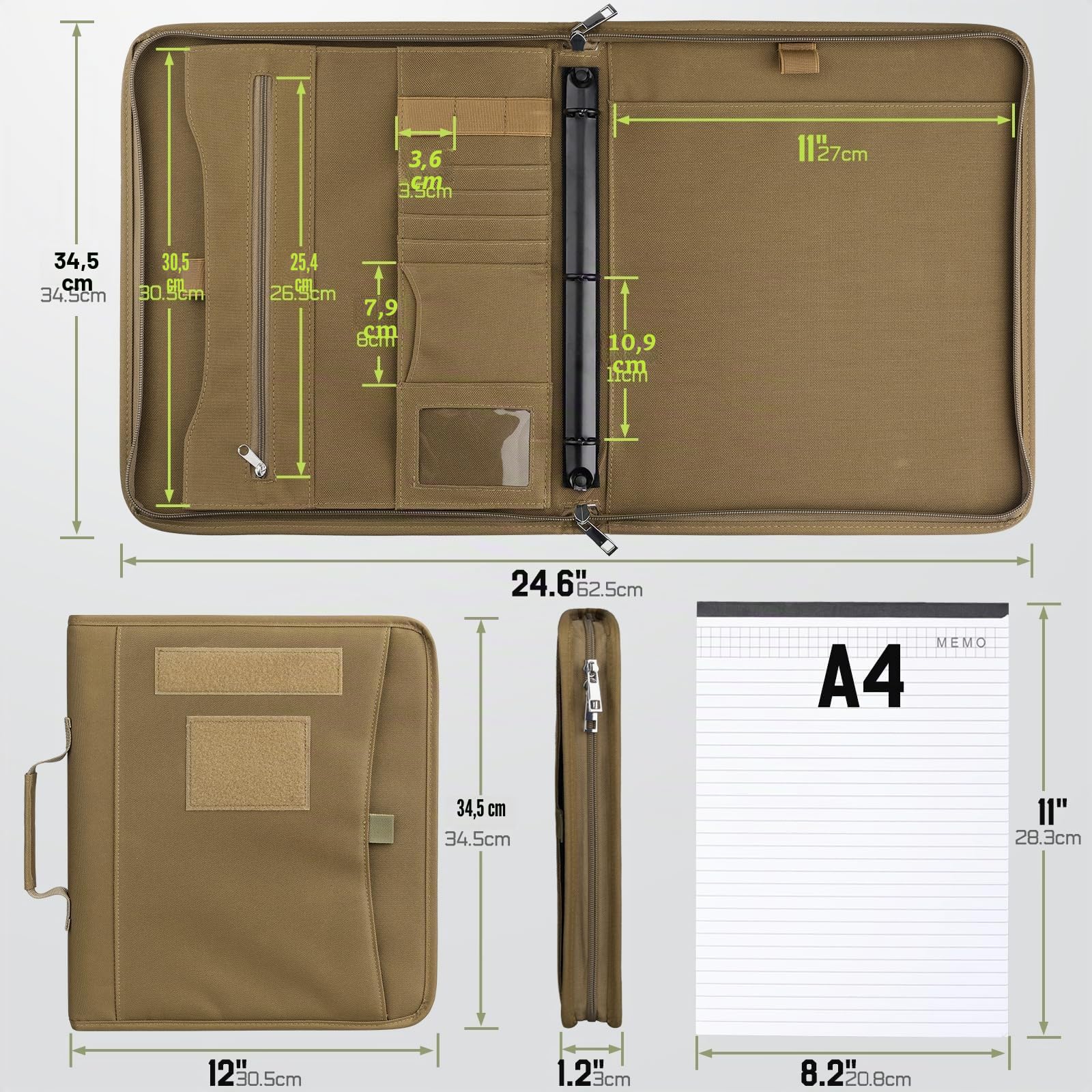 LIVANS Taktisches Notizbuch, Portfolio, Padfolio, Ringbuch mit Reißverschluss, Armee-Militär-Notizbuch, Planer enthält 25 Blatt A4-Briefpapier und abnehmbare 3-Ringe, Multi-Storage-Grifftasche für