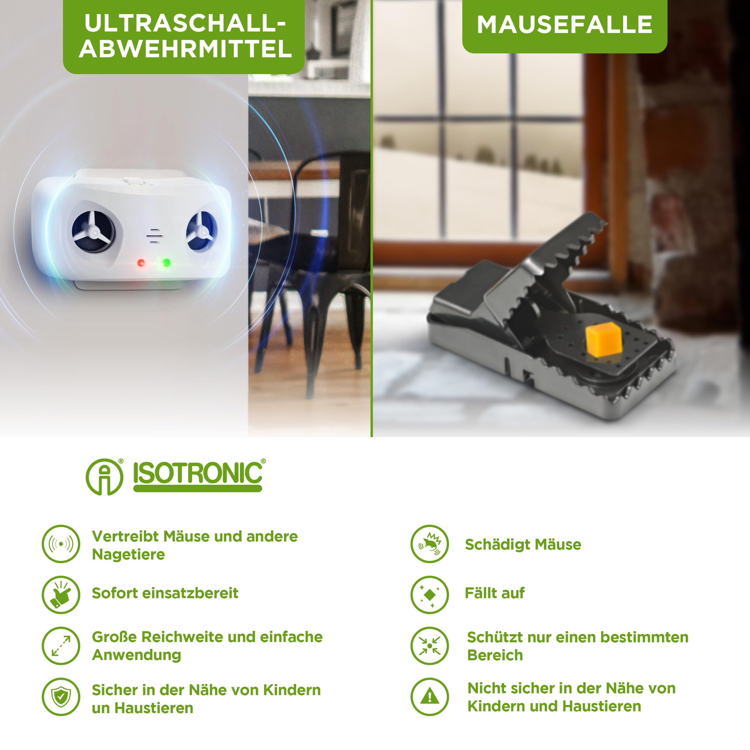 ISOTRONIC Schädlingsabwehr mit Ionisator | zum Schutz vor Mäuse, Nager, Spinnen, Kakerlaken im Haus, Keller| Mäuseabwehr flexibel einsetzbar – umweltschonend & tierfreundlich