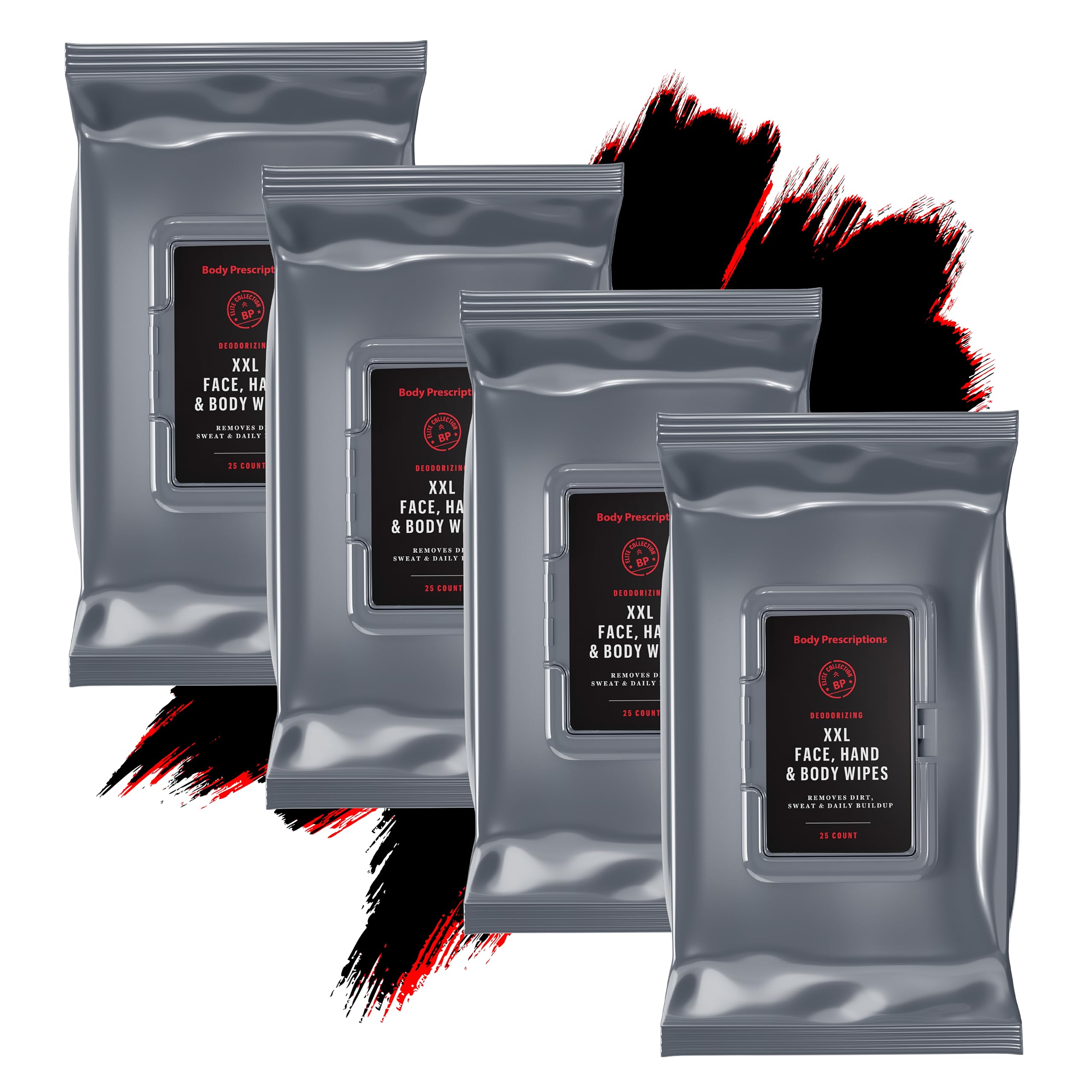 Body PrescriptionsDeodorizing XXL Post Workout Wipes with Cooling Menthol and Tea Tree, Body Wipes for Men, Gym Wipes, Shower Wipes for a Quick Cleanup - Resealable Flip Top Pack (4 Pack - 25 Count)