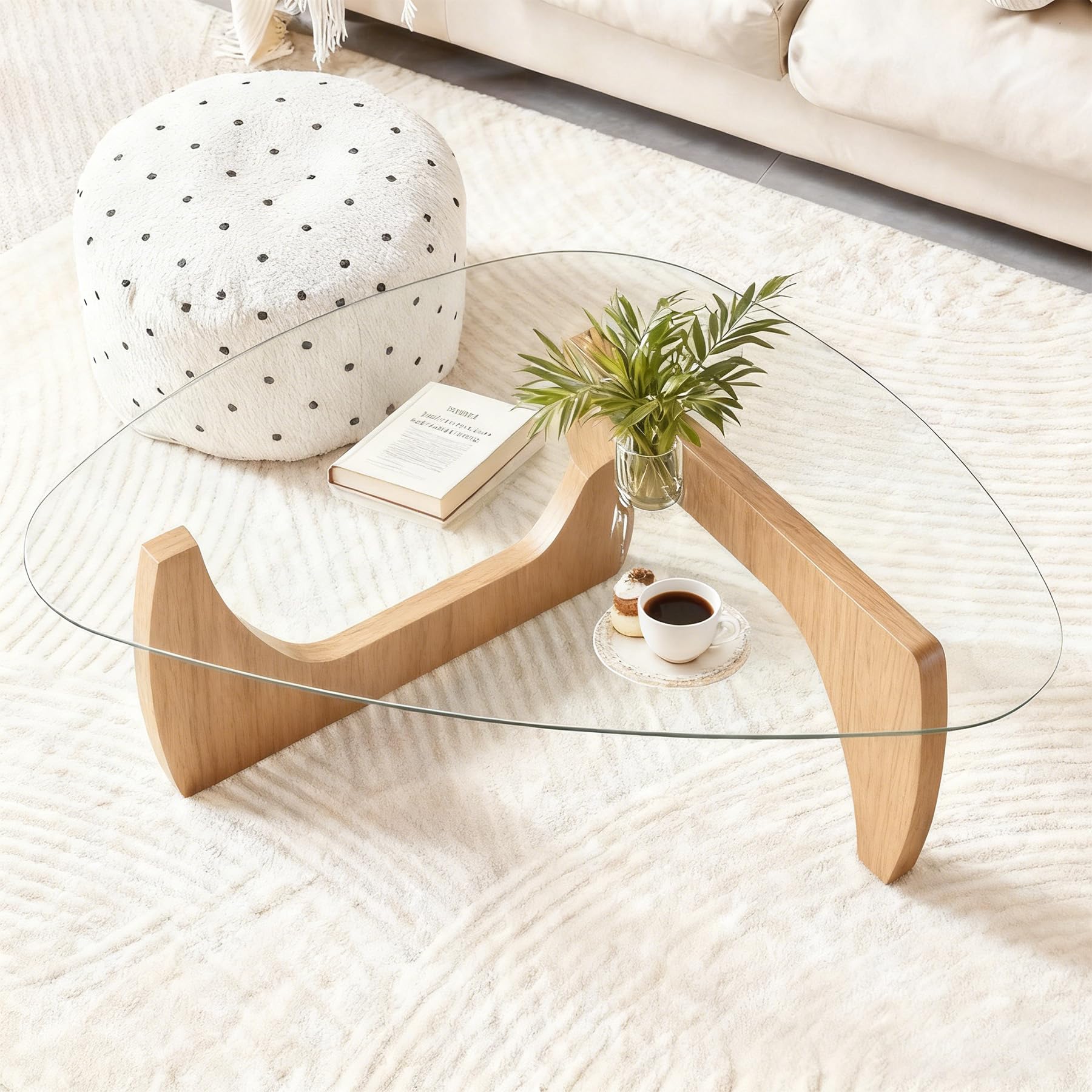Modern Glass Coffee Table for Living Room, Small Coffee Table with Wood Legs, Mid Century Coffee Tables, Vintage Unique Center Table for Small Spaces Reception Office(Wood Transparent, 31.5in)