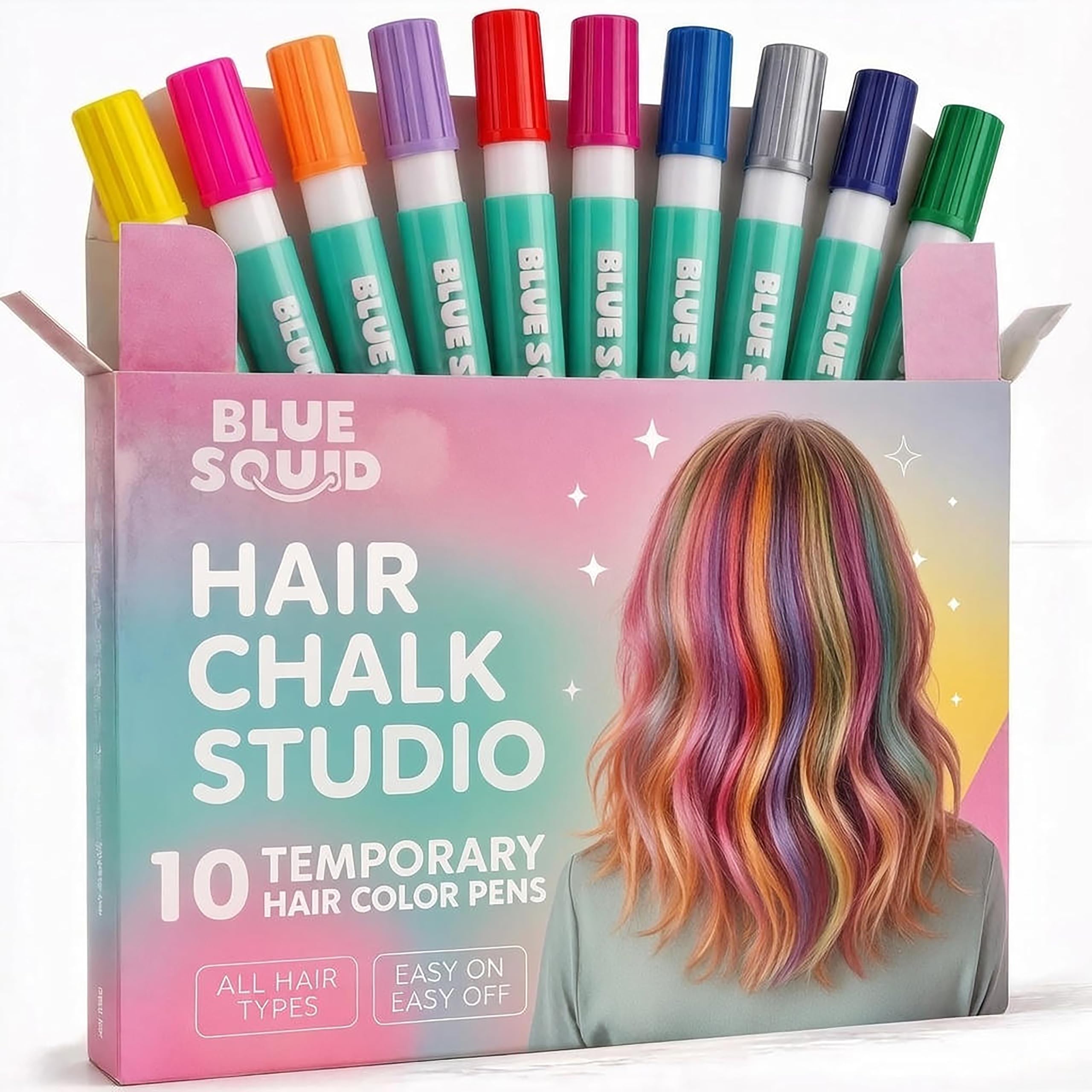 Blue Squid Hair Chalk for Girls Pens β 10 Vibrant Temporary Hair Colour Chalks for Kids - Ideal Christmas, Birthday Gifts for Girls & Teens - Kid Safe, Washable Hair Dye for Ages 6 7 8 9 10 11 12