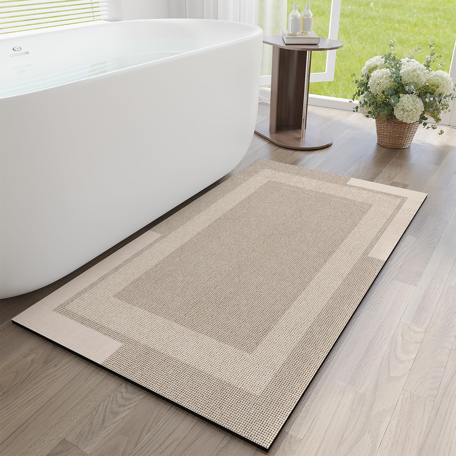 Quqei Non Slip Long Bath Mat Bathroom Runner, Rubber Backing Ultra Thin Bathroom Rugs Fit Under Door Quick Dry Super Absorbent Washable Bath Rug Shower Mat for Bathtub Sink Floor, Beige 60x120 CM