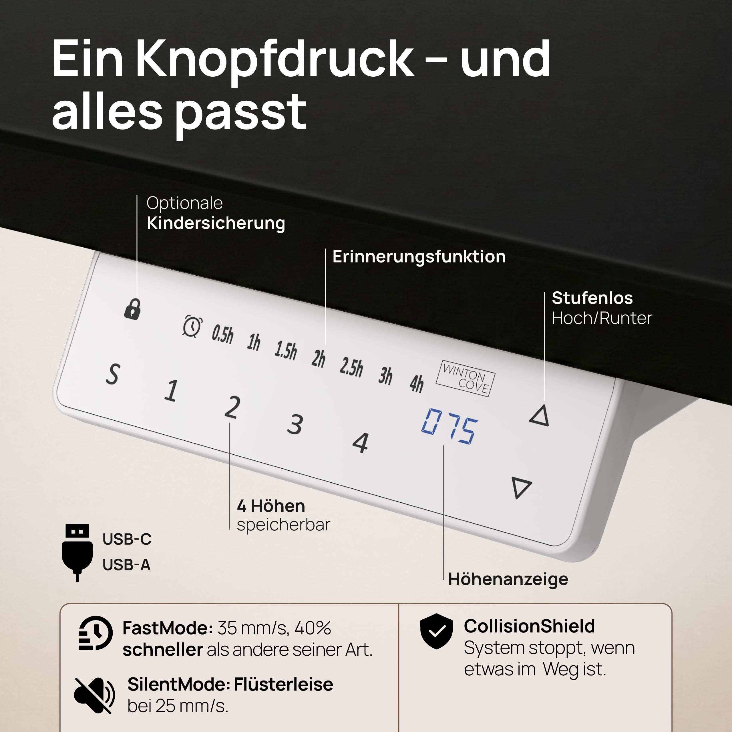 Elektrisch Höhenverstellbarer Schreibtisch 120x60 & 160x80 cm - Flüsterleiser Dual-Motor, Anti-Kollision, Memory-Funktion, Kabelmanagement inklusive