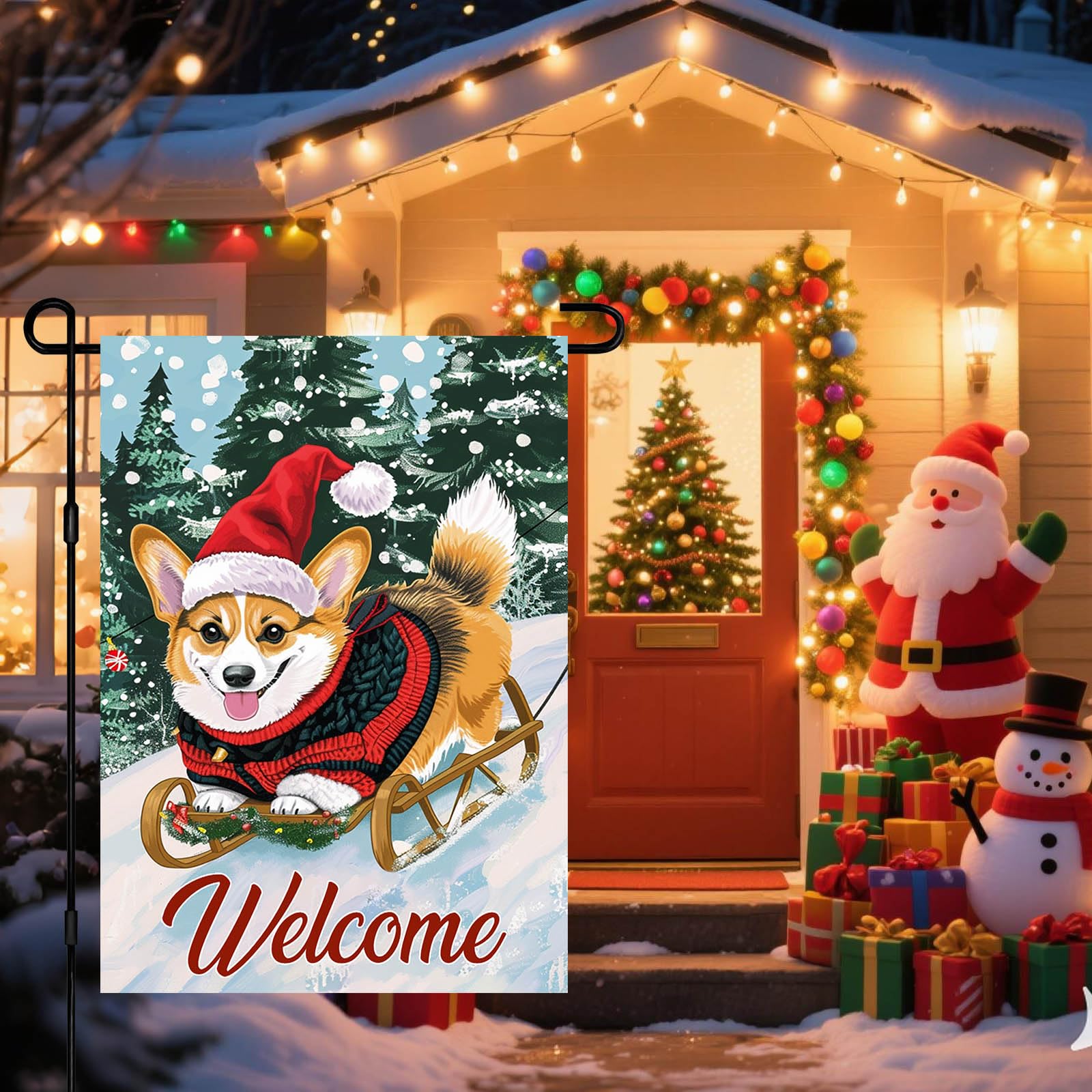 Condition photo showing New/Like New for Welcome Winter Garden Flag 12x18 Inch Double Sided Cute Corgi Sledding Christmas Garden Flag Winter Outdoor Welcome Yard Banner for Porch Lawn Patio Seasonal Decoration
