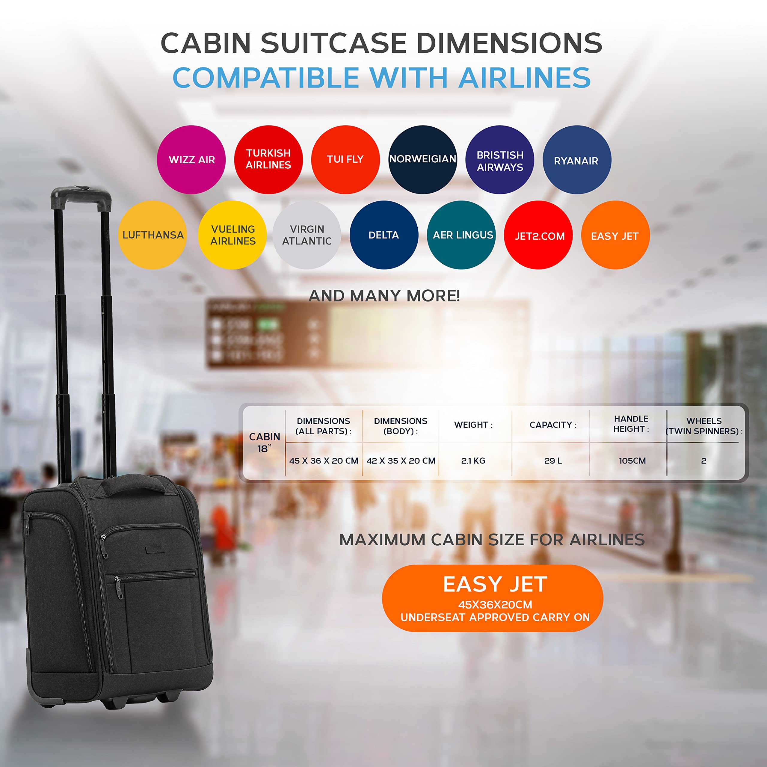 Flight Knight 45x36x20cm easyJet Underseat Carry On Non Priority Approved Hand Luggage Case - 2 Wheels - Ultra Lightweight Durable Soft Case Textile Cabin Suitcase