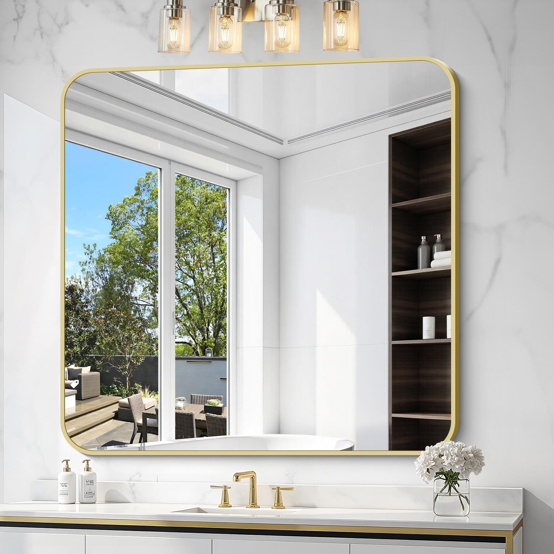 Gold Bathroom Mirror 42x42 Inch Metal Framed Square Mirror Rounded Corner Gold Vanity Mirror Large Wall Mounted Mirrors