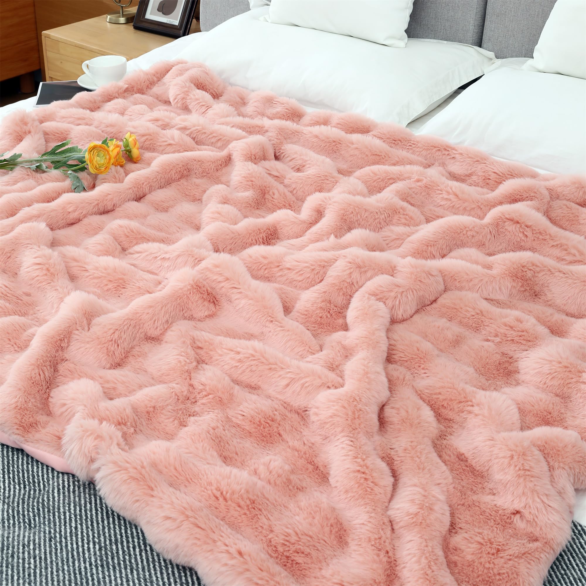 RYNGHIPY Faux Rabbit Fur Bed Throws, Fluffy Warm Throw Blanket for Sofa Couch, Soft Plush Decorative Blanket Thick and Heavy, Cute Bubble Furry Blanket (Blush, 63''x79''): 63''x79'' Blush