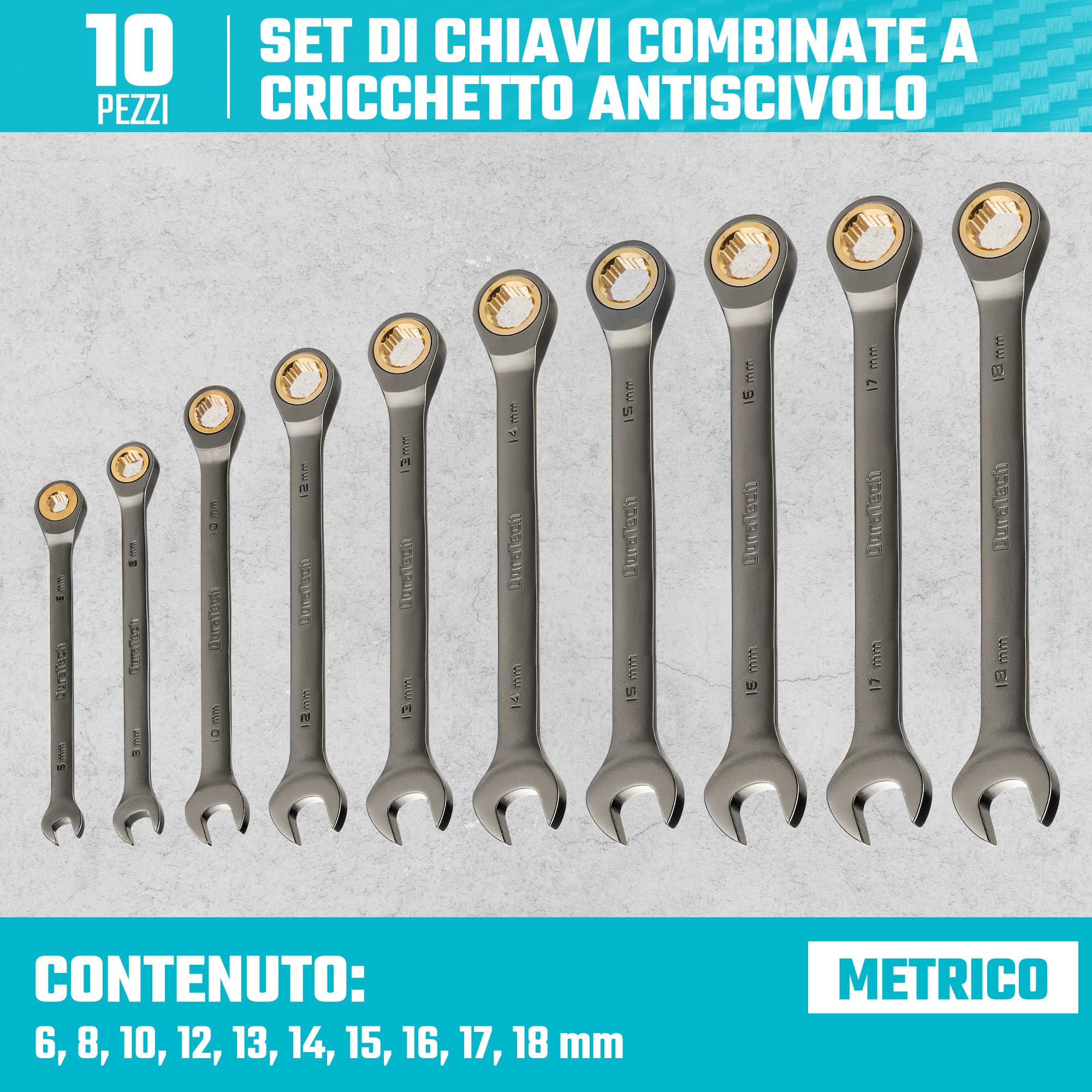 DURATECH Set di 10 chiavi combinate a cricchetto antiscivolo, metriche 6-18 mm, 72 denti, nichelate, in acciaio CR-V, con custodia