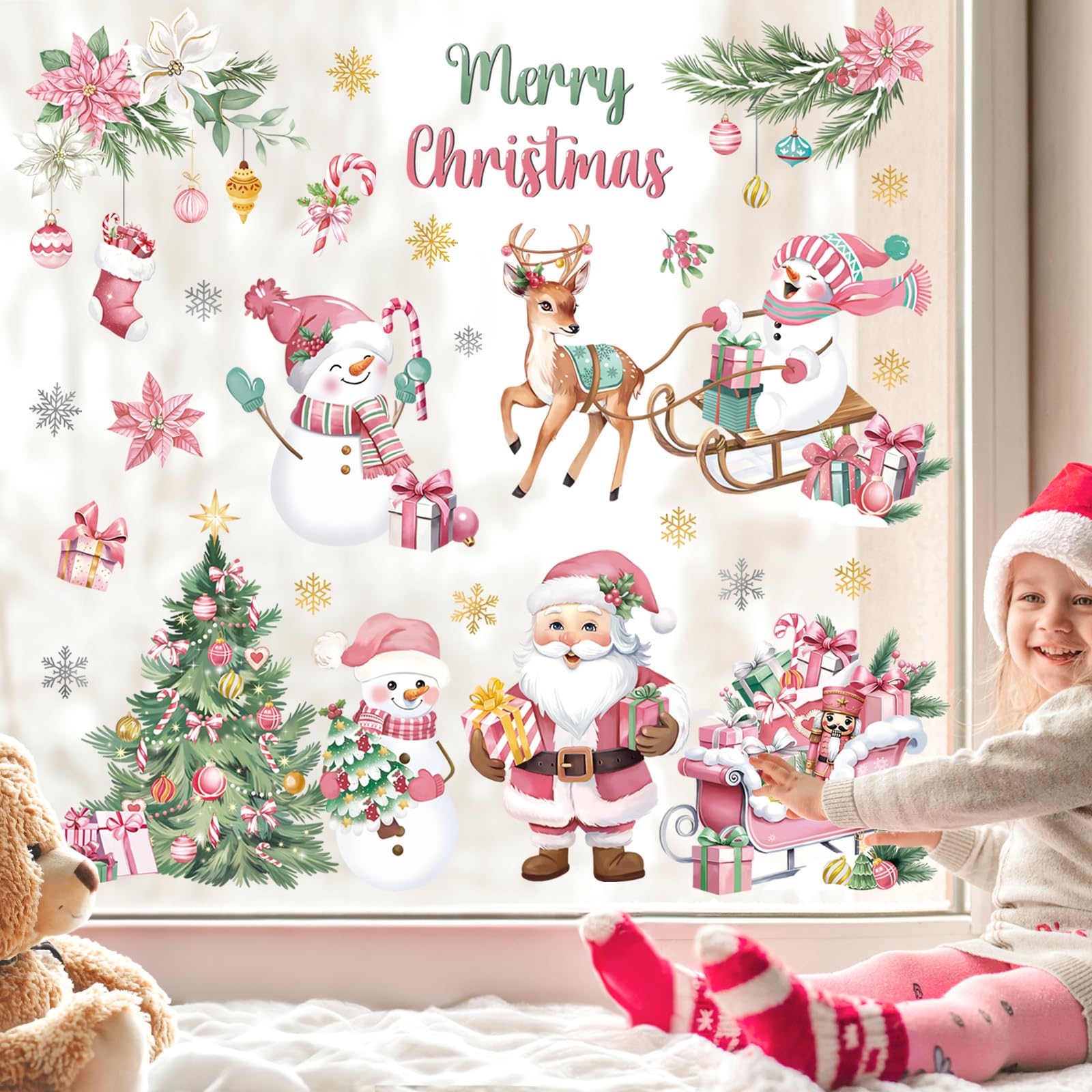 decalmile Christmas Pink Snowman Santa Claus Window Clings Reusable Reindeer Xmas Tree Elk Window Decals Double Side Printed Window Stickers Glass Home Party Supplies Gift Shop Decoration - Image 2
