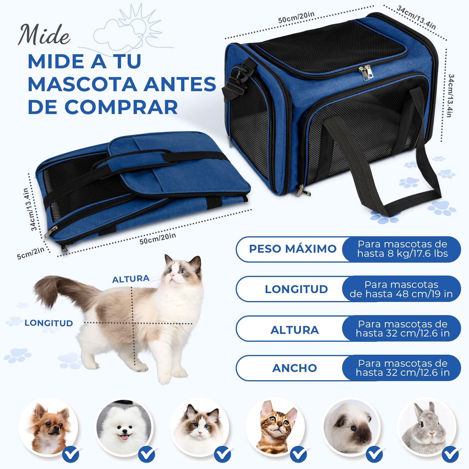 Transporttasche Katze, Transporttasche für Katze Hund bis zu 8kg, tragbare Faltbare Haustier Transporttaschen mit Schultergurt für mittlere kleine Haustiere (Dunkelblau, 50x34x34cm)
