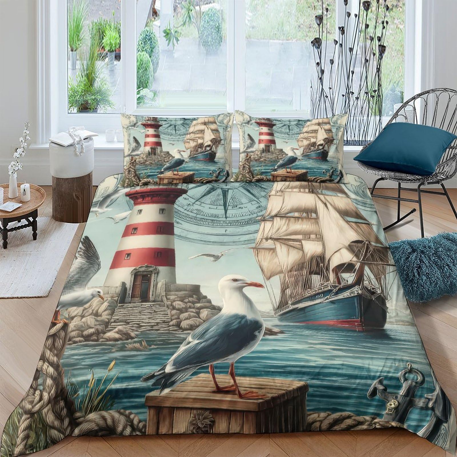 Ctjqhvkz Style-2 3D Printed Nautical Lighthouse Fitted Sheet Microfiber Soft Ship Ocean Mattress Cover For Bedroom Guest Room Decor Single（135X200cm）