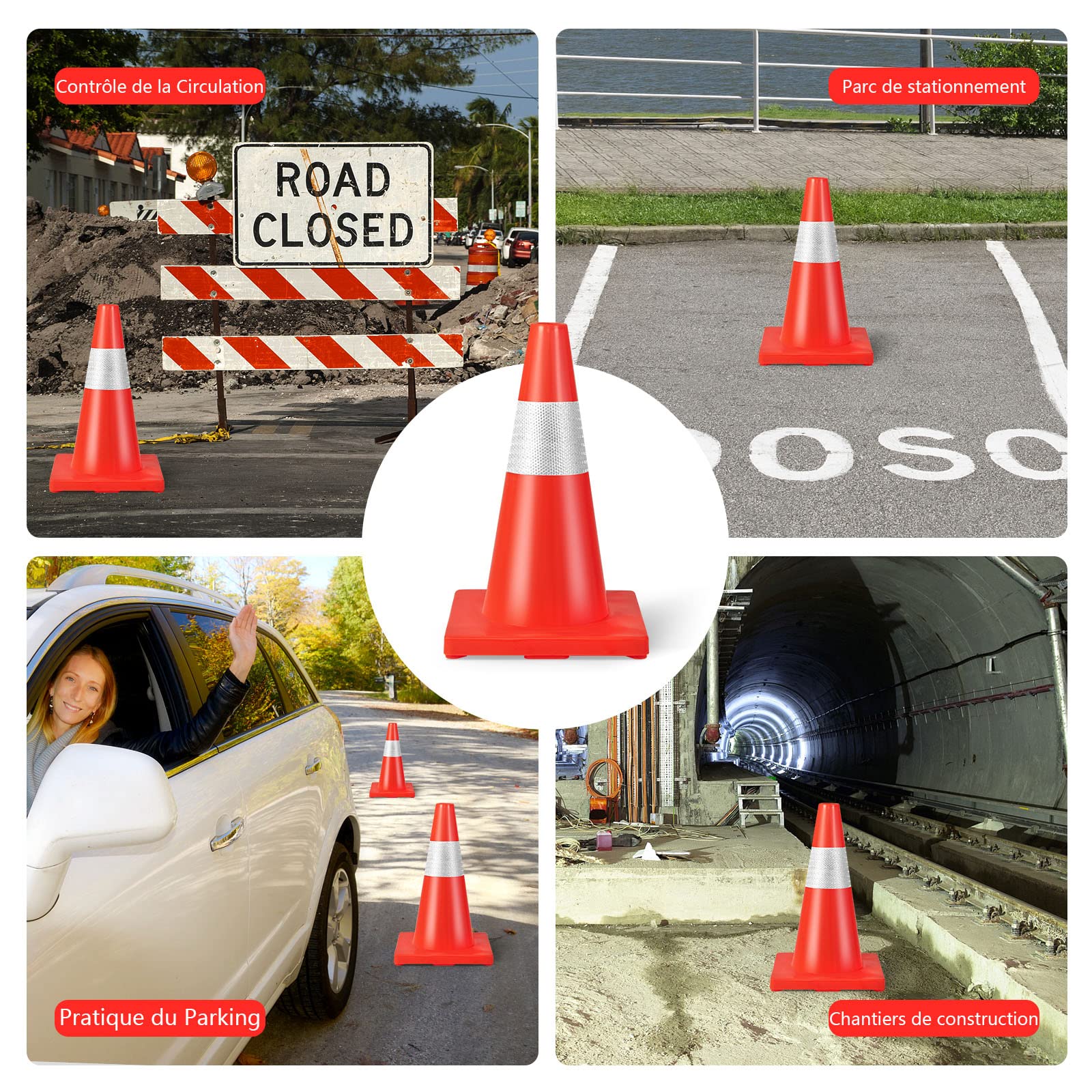 GYMAX Lot de 12 Cônes de Signalisation en PVC 43 CM, Cônes de Sécurité Routière avec Bande Réfléchissante, Gilet de Sécurité et Base Lestée, Cônes de Chantier pour Gestion du Trafic, Stationnement