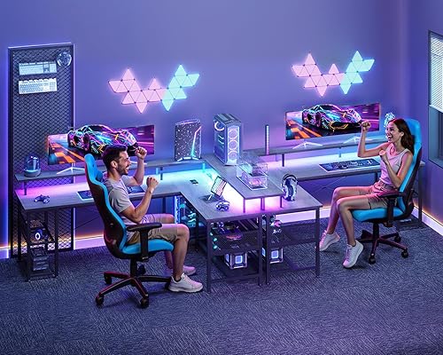 Miniatura 43 de ODK Escritorio para juegos en forma de L de 66 pulgadas con toma de corriente y luces LED, mesa de juegos de PC con textura de fibra de carbono,
