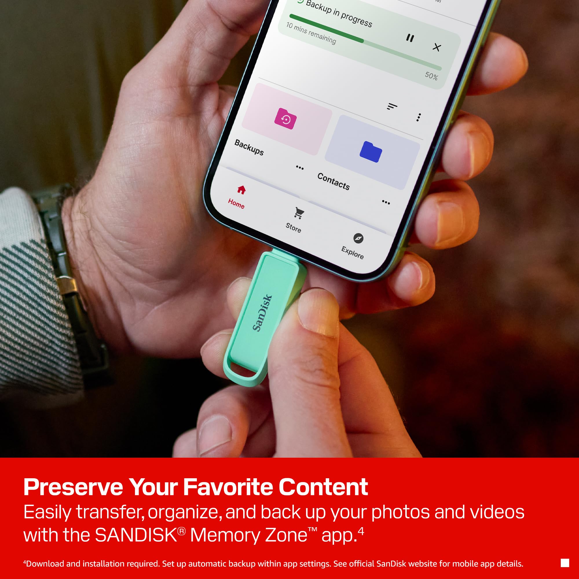 SanDisk Phone Drive z USB Type-C 256 GB (do telefonu, do smartfonów, tabletów i komputerów, prędkością 150 MB/s, Wykonuj automatyczne kopie, Dzięki odzyskiwaniu) - Seafoam Green