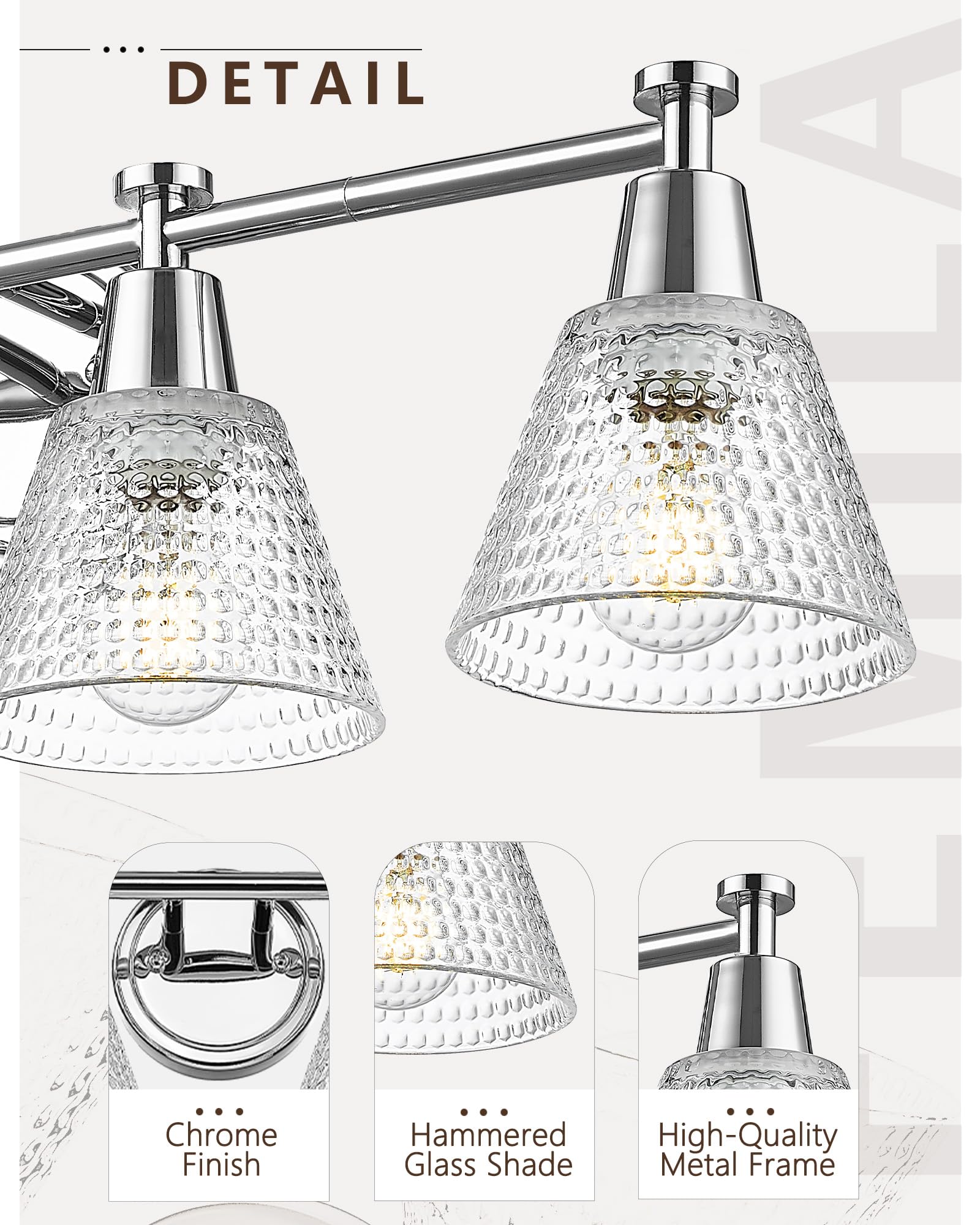 FEMILA Chrome Bathroom Vanity Lights, 4 Light Bathroom Light Fixtures, 29.5" Bathroom Lights Over Mirror with Hammered Glass Shade for Bathroom, Kitchen, Hallway, 4FG75BG2-4W CH