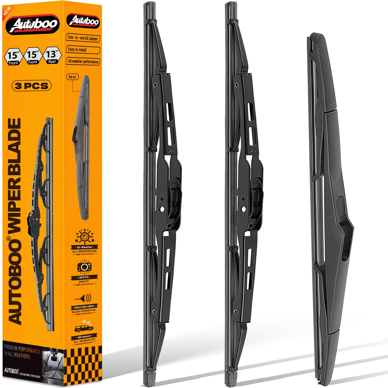 AUTOBOO Windshield Wiper Blade Replacement for Jeep Wrangler 2007-2017 | Fits Wrangler JK 2007–2017; 15"+15" front + 13" rear, OE fit, all-weather, quiet, easy install