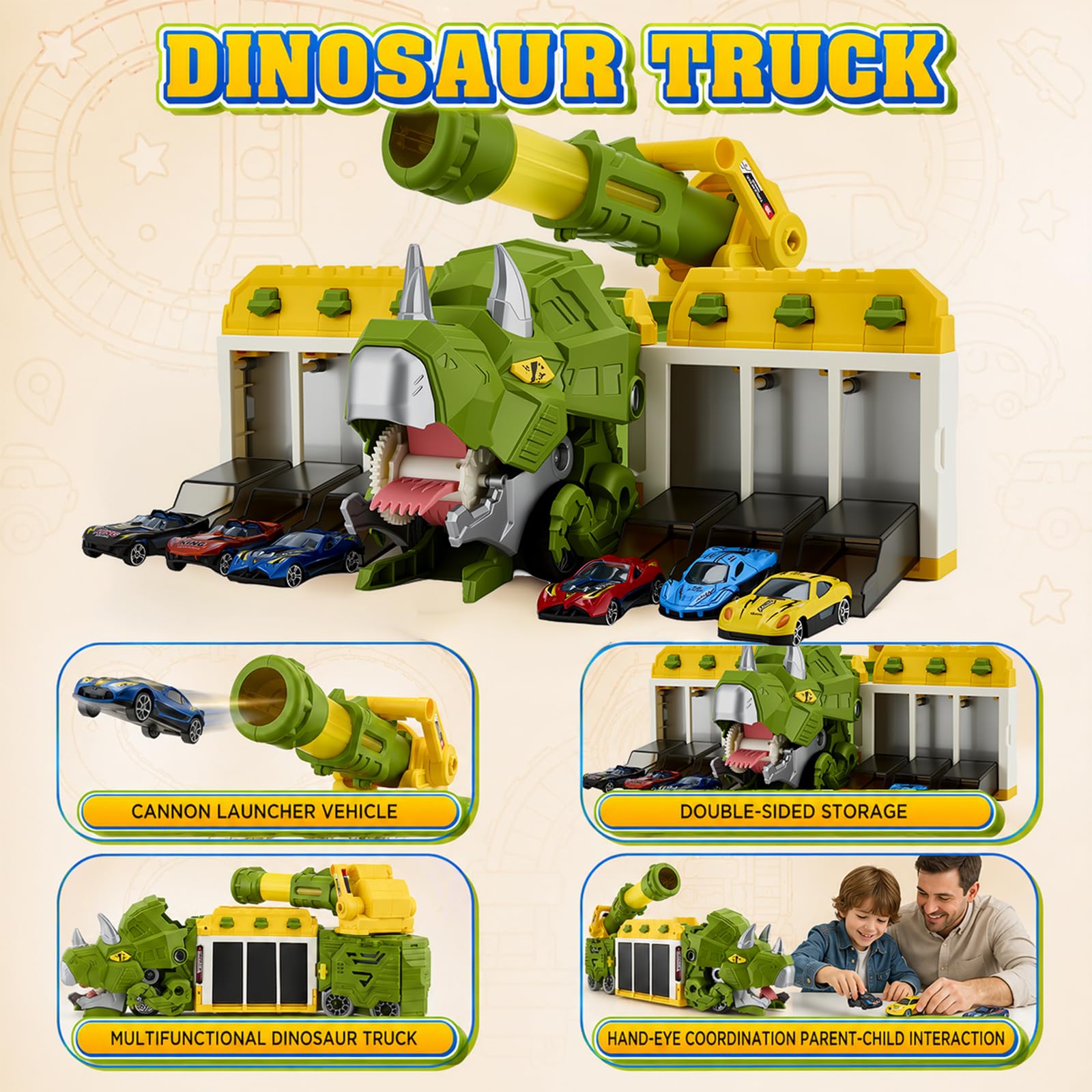 Camion Dinosaure Jouet Lanceur 12 Mini Voitures Garage Pliable Cadeau