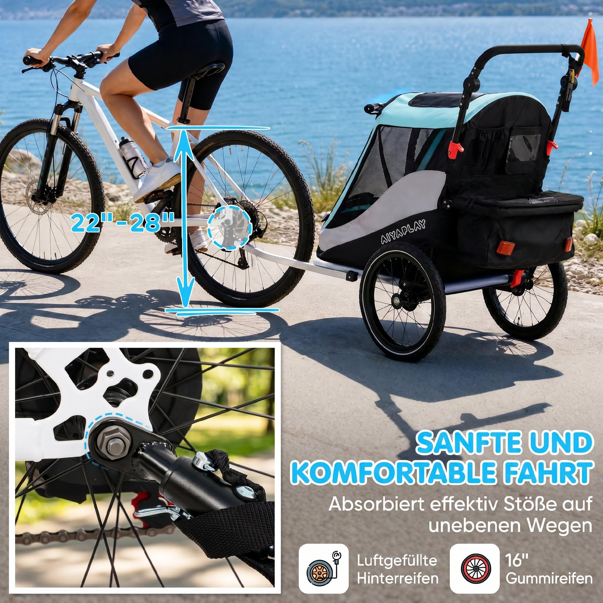 AIYAPLAY Rimorchio per bicicletta e passeggino pieghevole 2 in 1, con cintura a 5 punti, catarifrangenti, pneumatici da 16 pollici, freno, vano portaoggetti, per bambini a partire dai 12 mesi, massimo