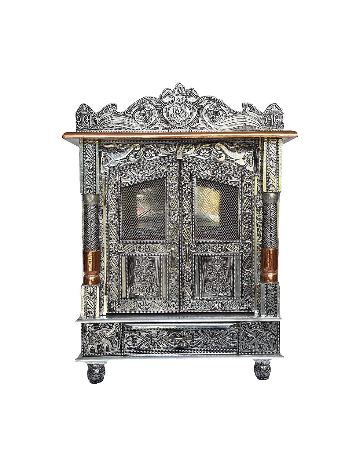 Brilliant Home Designs Aluminium & Copper Oxidized Home Temple Mandir/Ghar mandir/Pooja mandir (L-18 Inches B-9 Inches), Silver, Standard