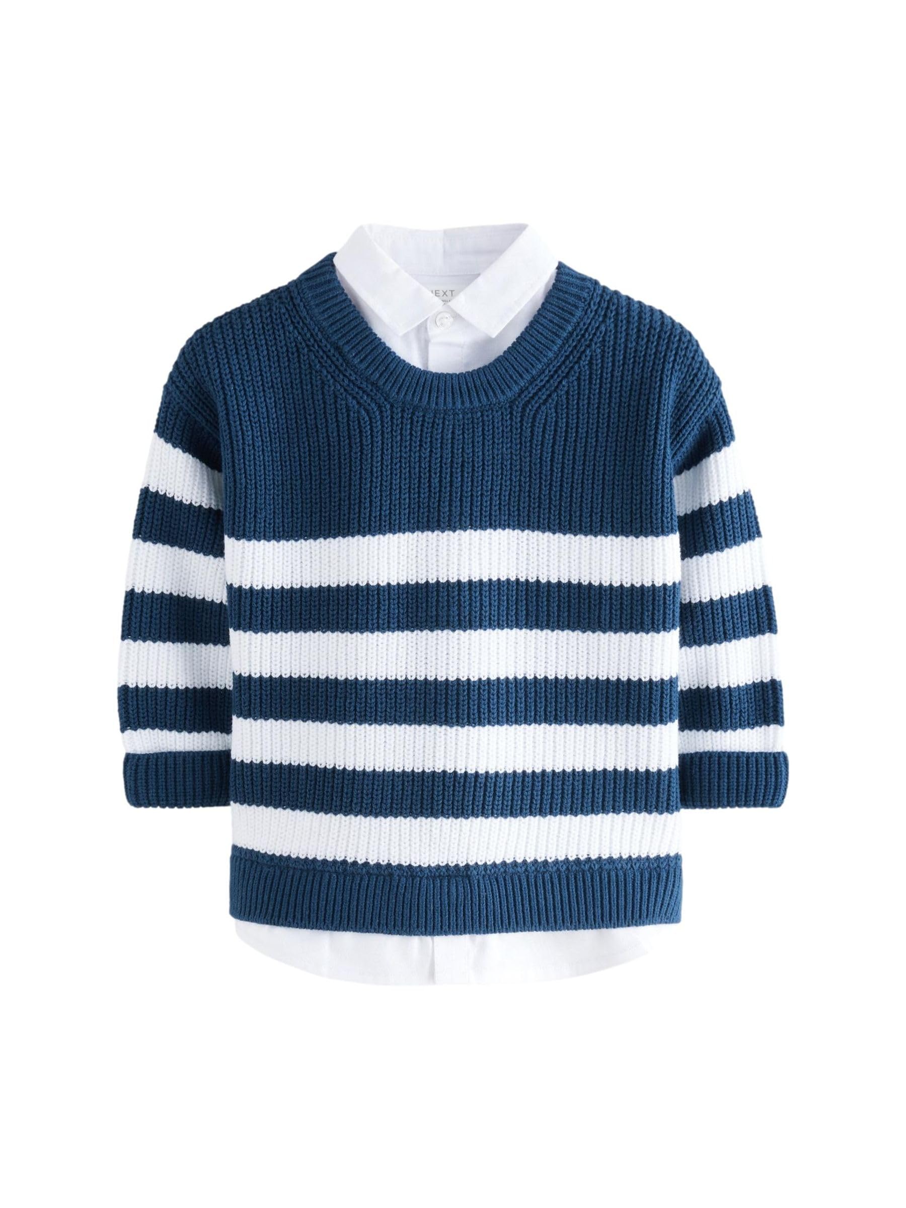 NEXT Garçon Pull en Maille avec col de Chemise intégré 100% Coton