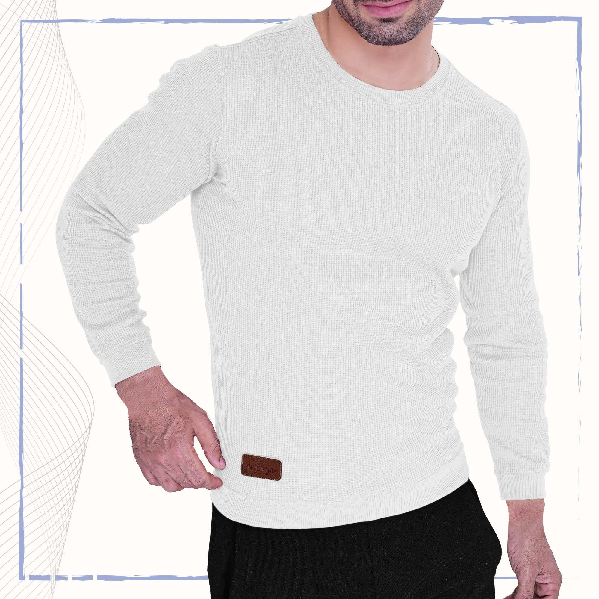Men's Long Sleeve Waffle Thermal Shirt Top, Knitted Sweater, Sweatshirt for Men (US, Alpha, Medium, Regular, Regular, Bright White, Crew-Neck)