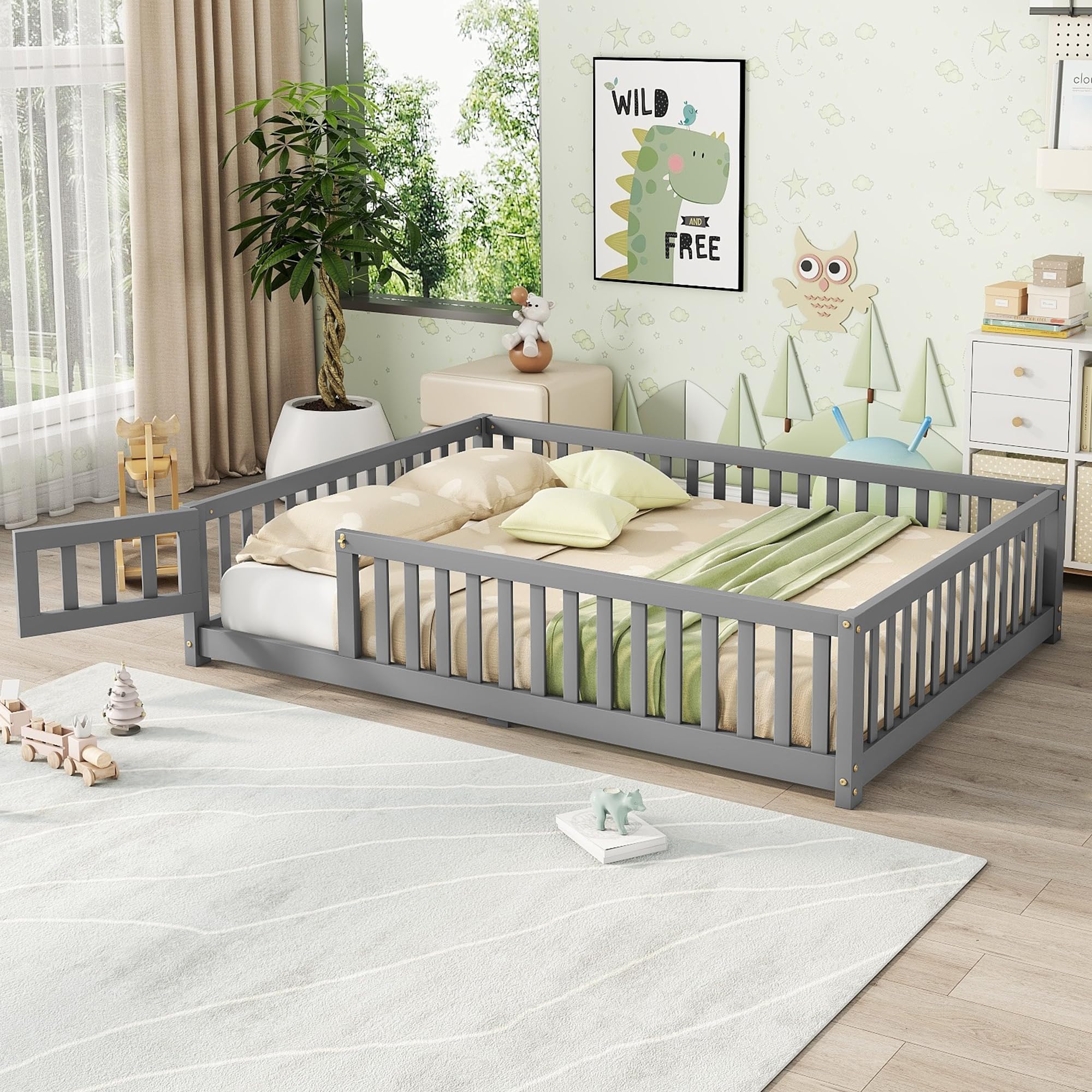 Bellemave Full Floor Bed with Slats and Safety Guardrails, Kids Montessori Floor Beds with Fence and Door, Easy Assemble Floor Bed for Kids, Girls, Boys, Gray