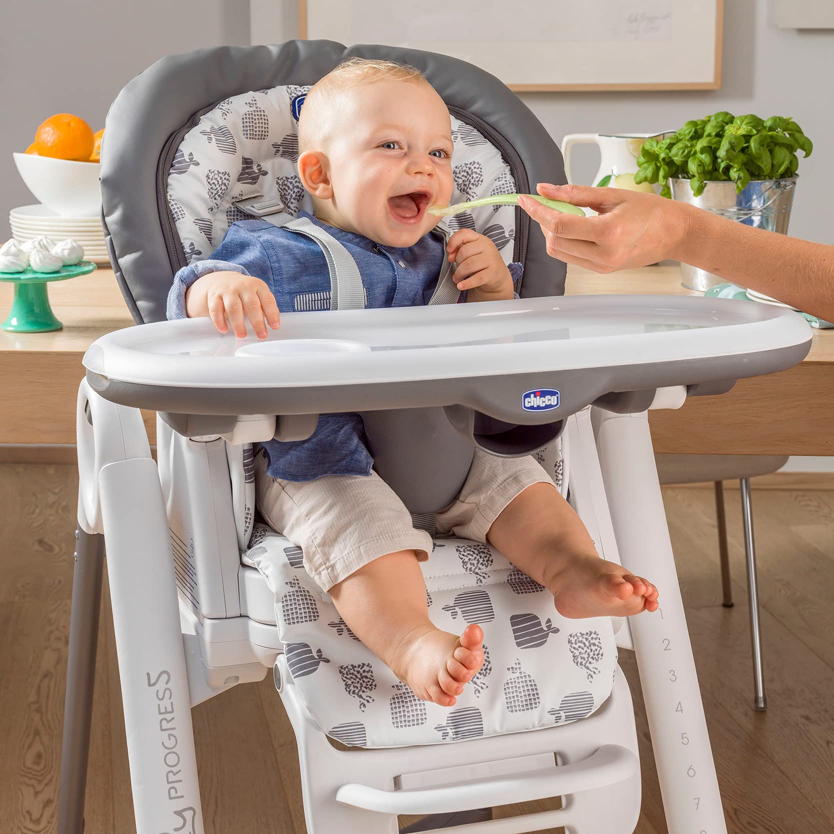 Chicco Polly Progres5 Chaise Haute Évolutive, Convertible en Transat et Rehausseur pour Bébé, Réglable de la Naissance à 3 ans (15 kg), avec 4 Roues, Fermeture Compacte - anthracite