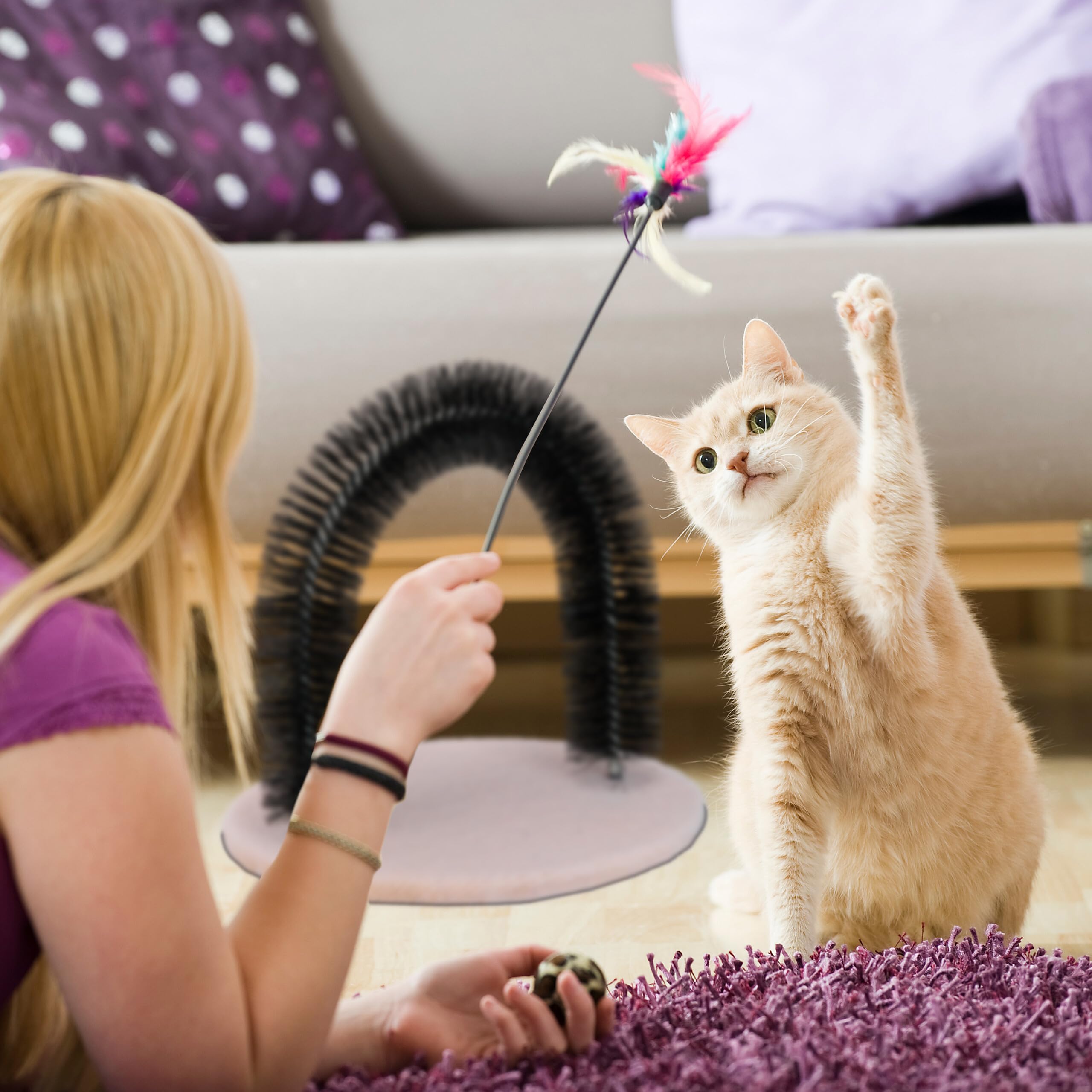 Relaxdays Arco Massaggiatore per Gatti, con Erba Gatta, Spazzola Massaggiante, Cura del Pelo, Cat Scratcher Setole, Nero