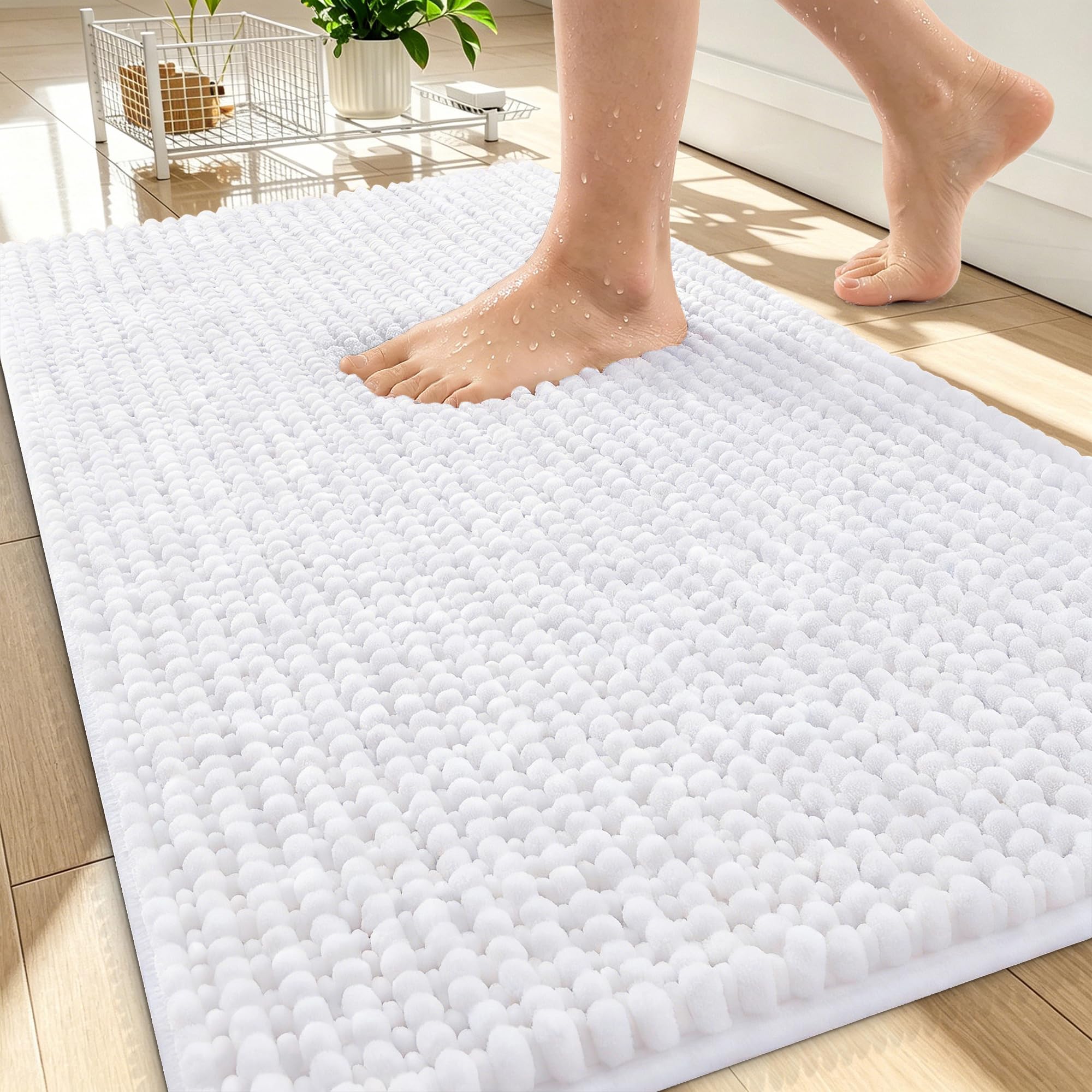 OLANLY Thick Chenille Bathroom Rugs 34x21, Soft Absorbent Bath Mat, White