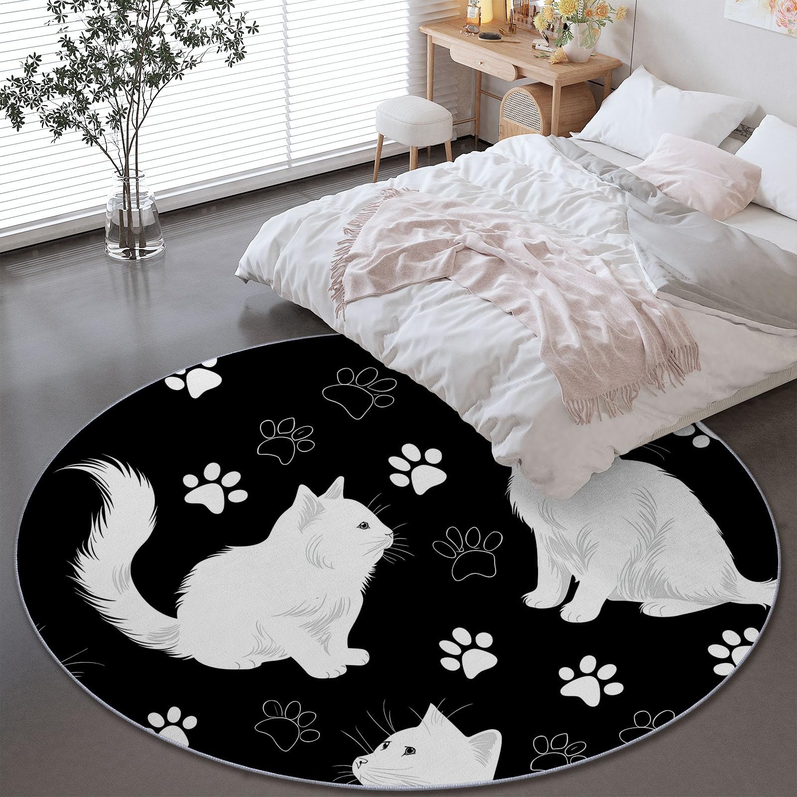 Schwarzweiß Runder Teppiche Wohnzimmer 100 cm, Waschbar & Rutschfester Kurzflor Teppich Schlafzimme, Minimalistisch Pfotenabdruck Niedlich Tiere Katze Teppich Rund für Kinderzimmer, Esszimmer, Büro